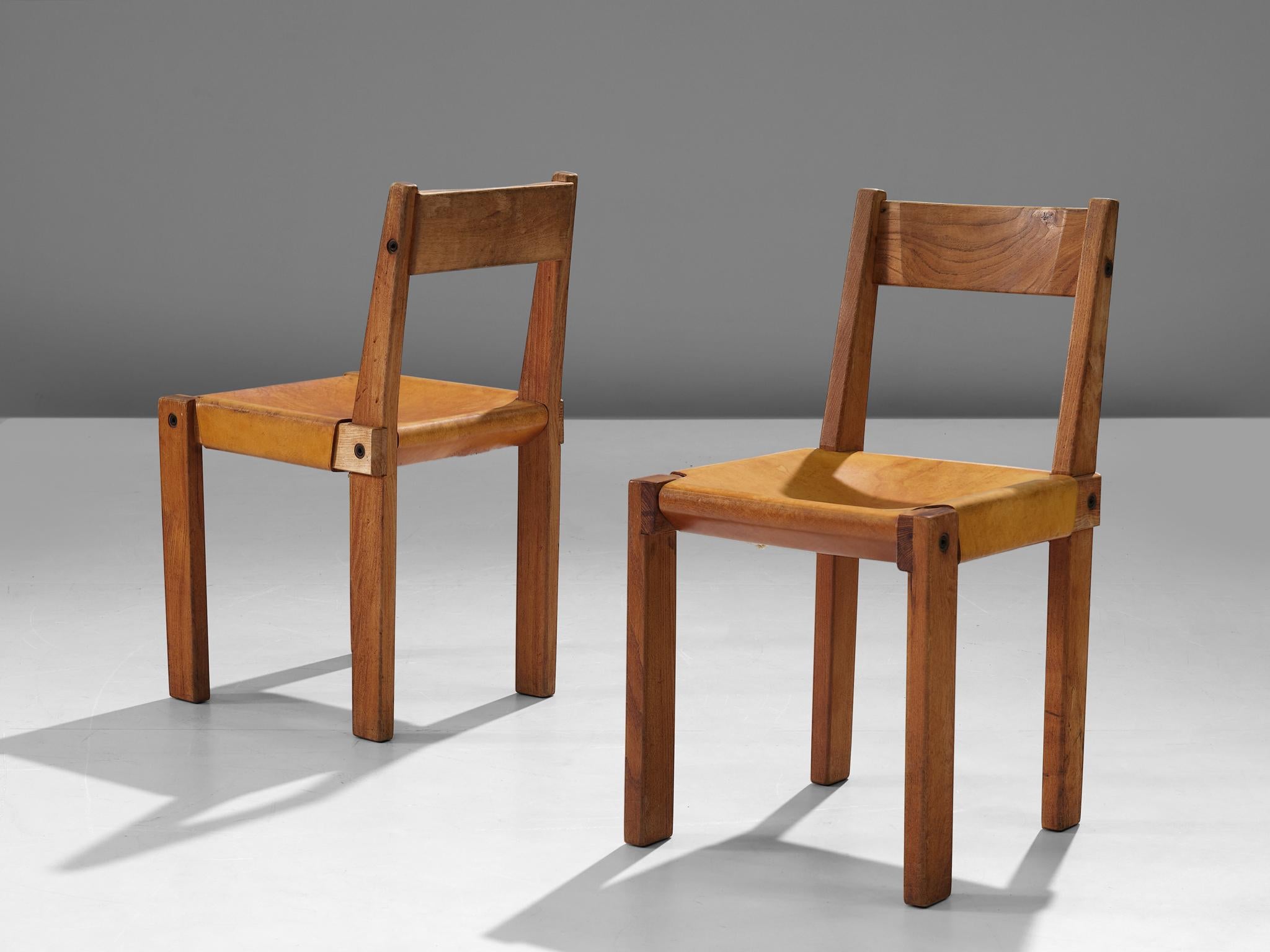 Pierre Chapo S24 Dining Chairs in Solid Elm and Cognac Leather In Good Condition In Waalwijk, NL