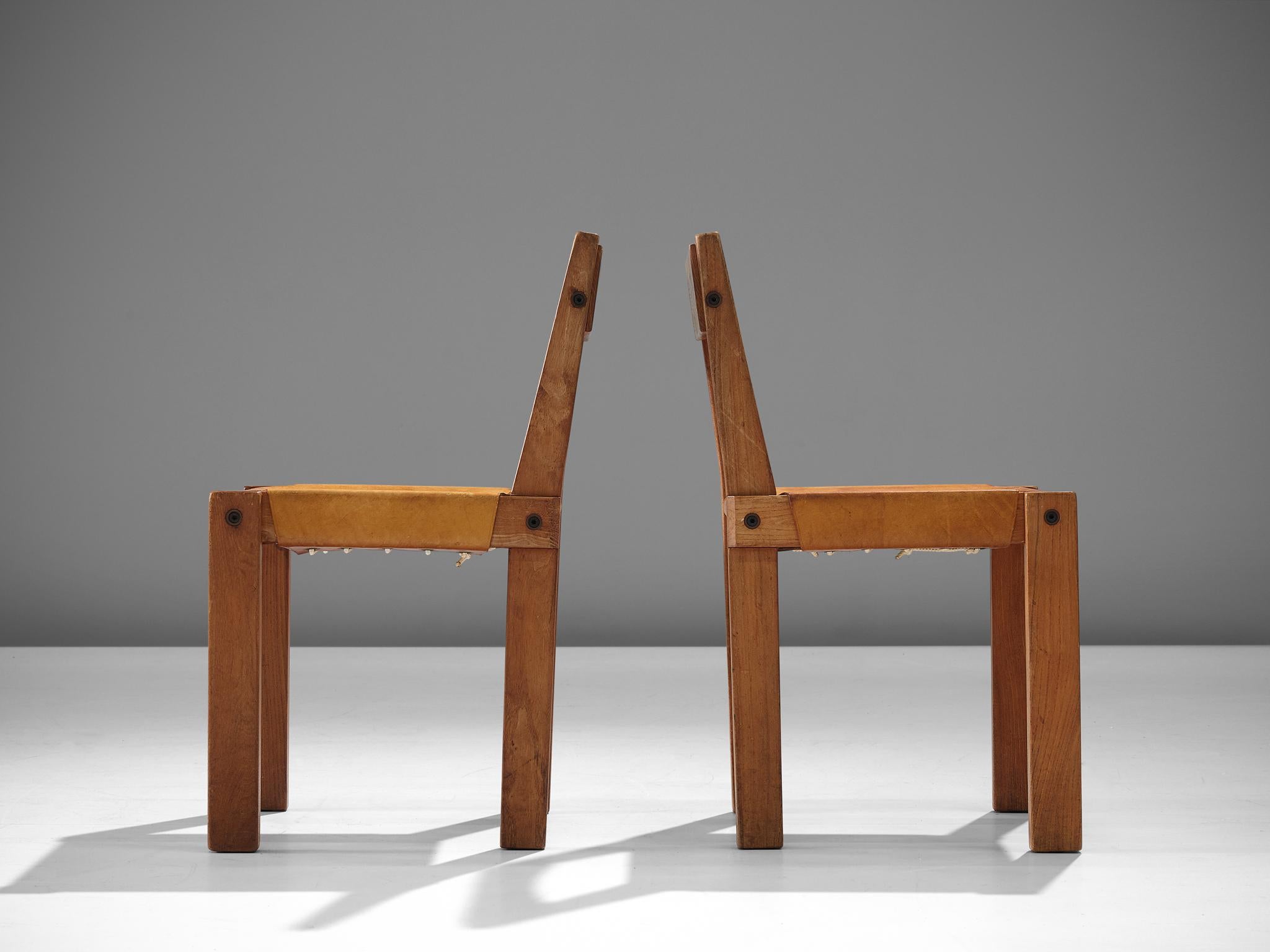 Mid-20th Century Pierre Chapo S24 Dining Chairs in Solid Elm and Cognac Leather