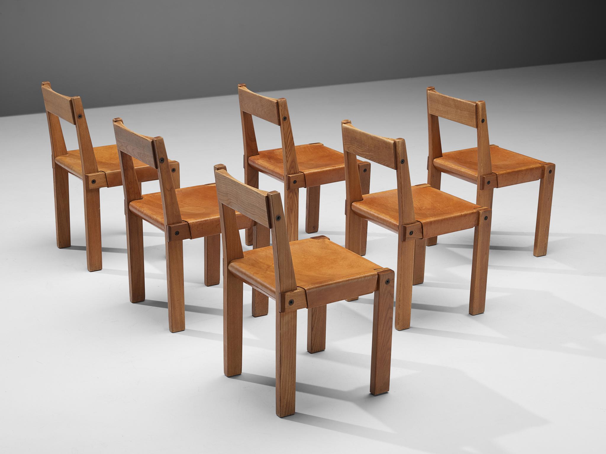Mid-20th Century Pierre Chapo 'S24' Dining Chairs in Solid Elm and Cognac Leather