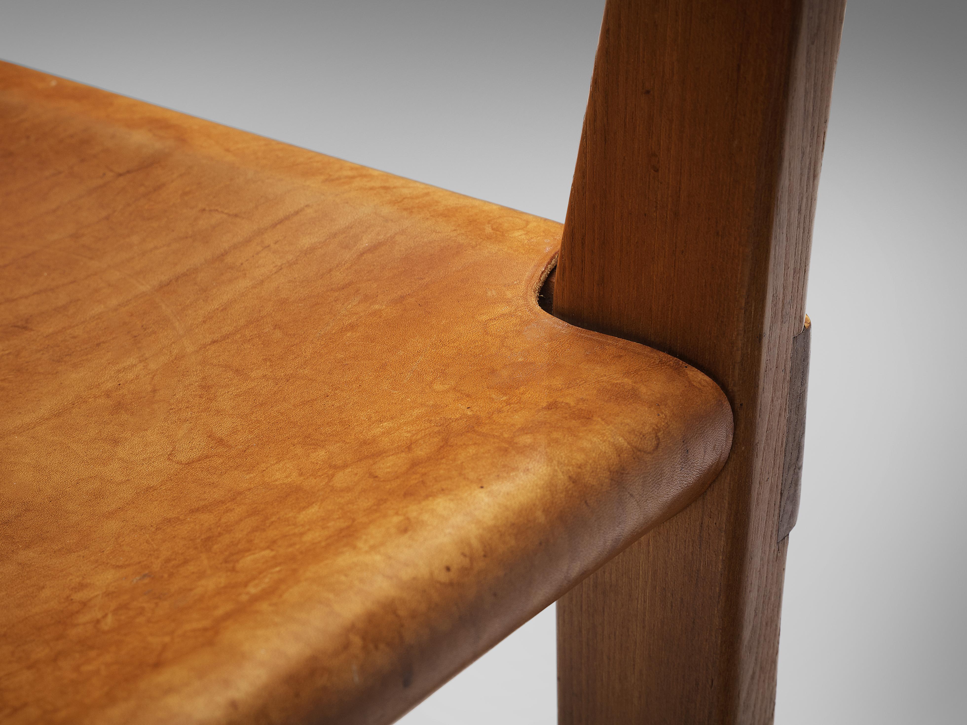 Pierre Chapo 'S24' Dining Chairs in Solid Elm and Cognac Leather 1
