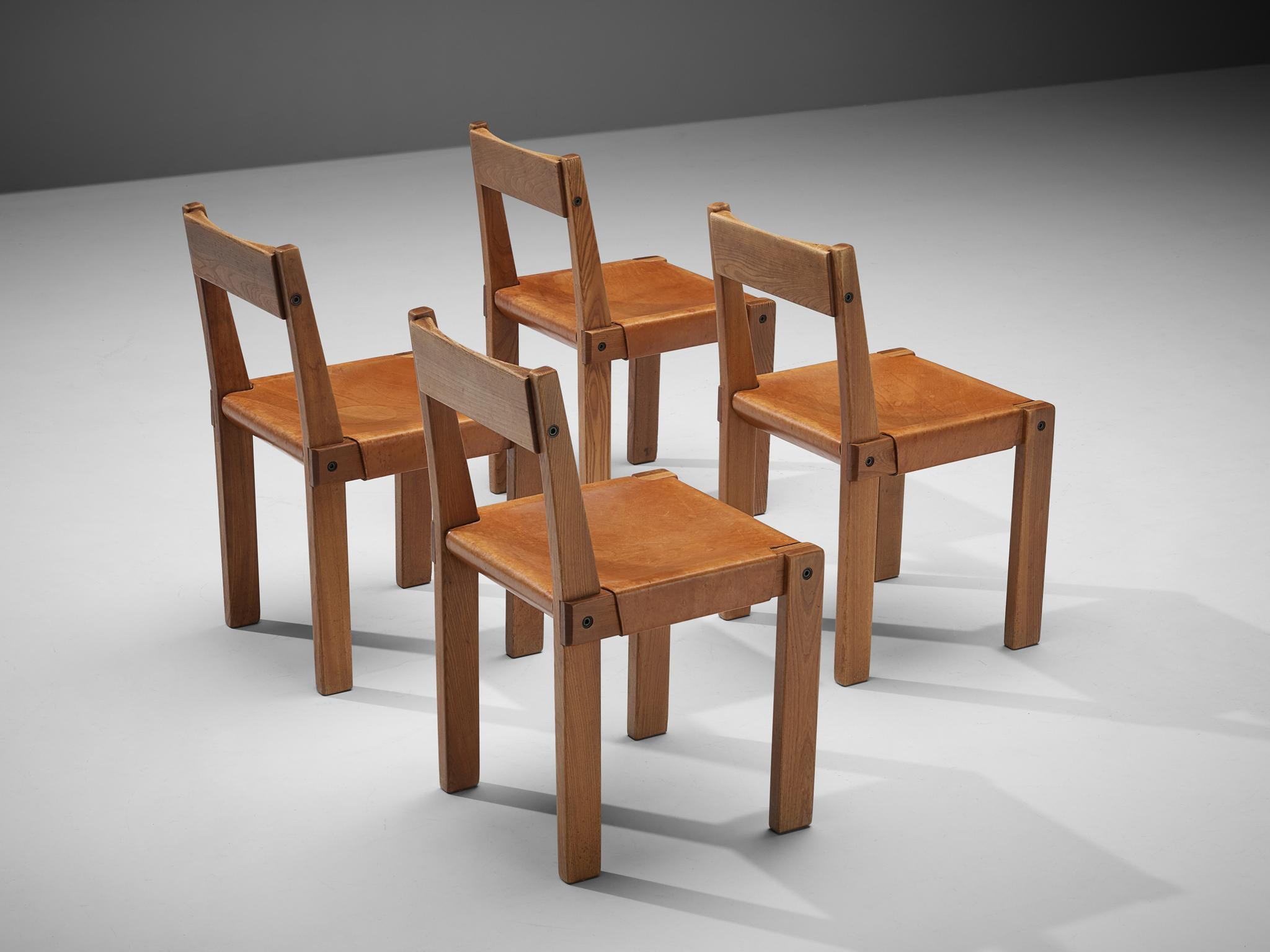 Pierre Chapo 'S24' Dining Chairs in Solid Elm and Cognac Leather 2