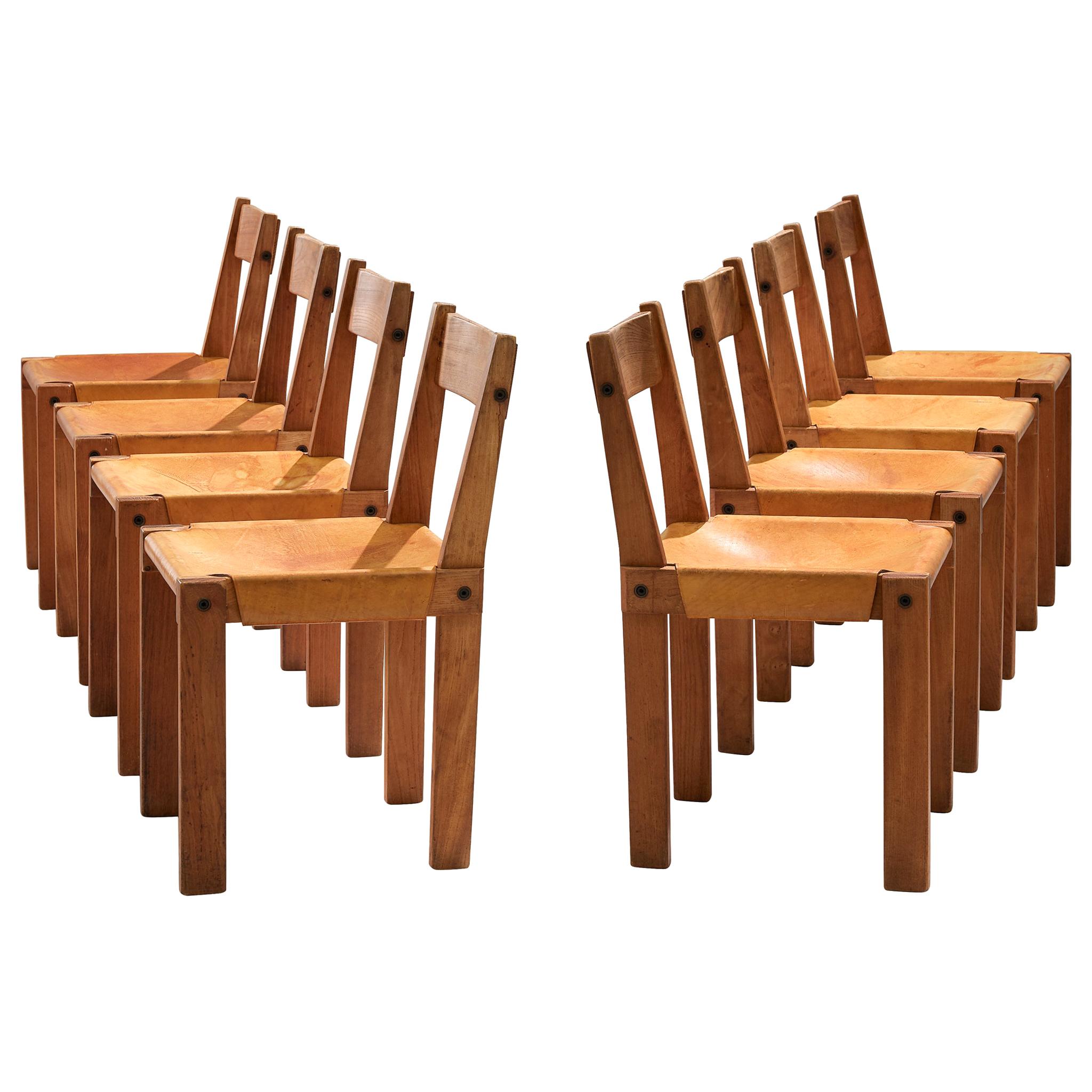 Pierre Chapo S24 Dining Chairs in Solid Elm and Cognac Leather