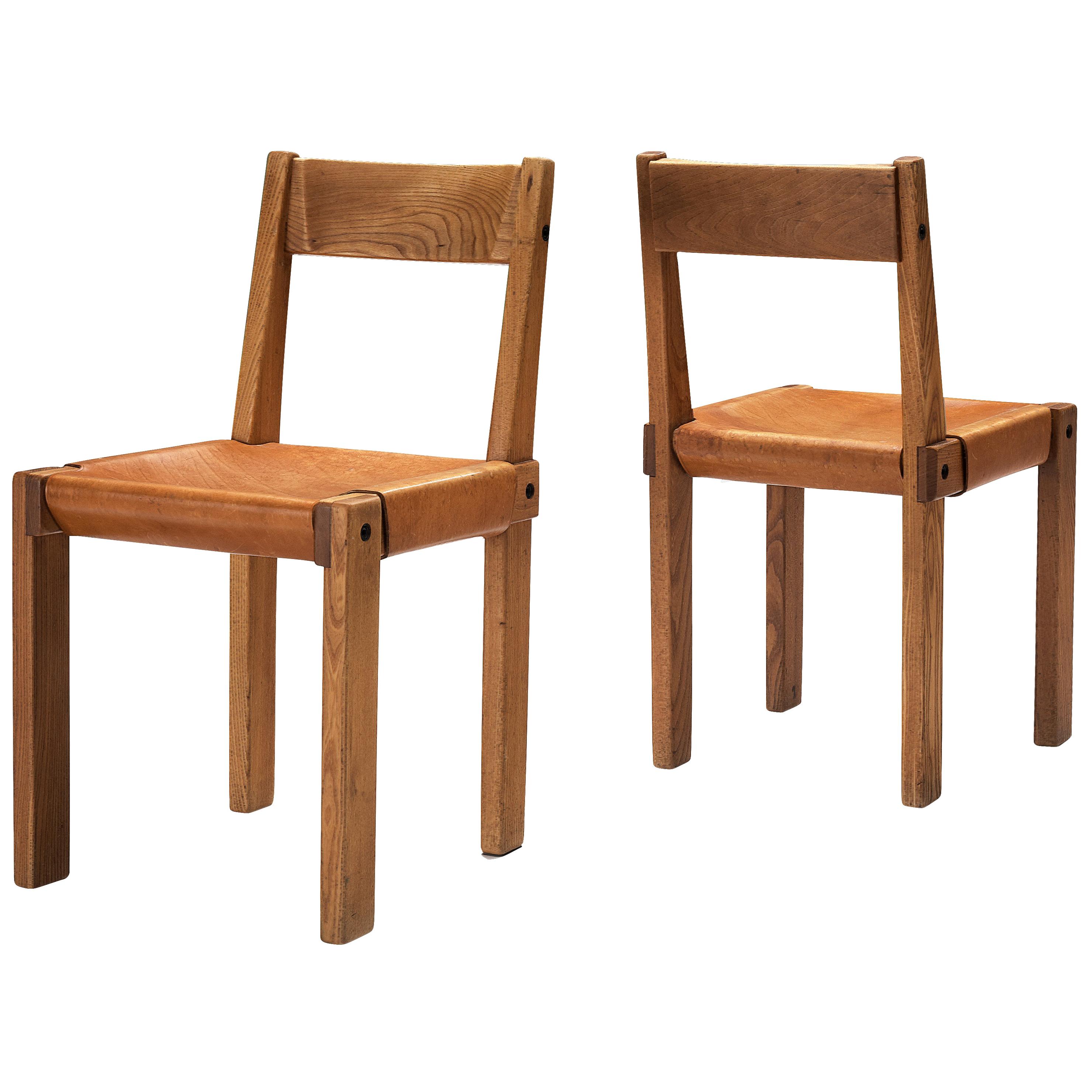 Pierre Chapo 'S24' Dining Chairs in Solid Elm and Cognac Leather