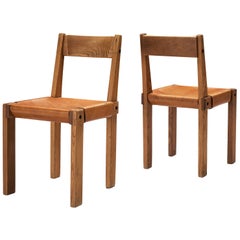 Pierre Chapo 'S24' Dining Chairs in Solid Elm and Cognac Leather