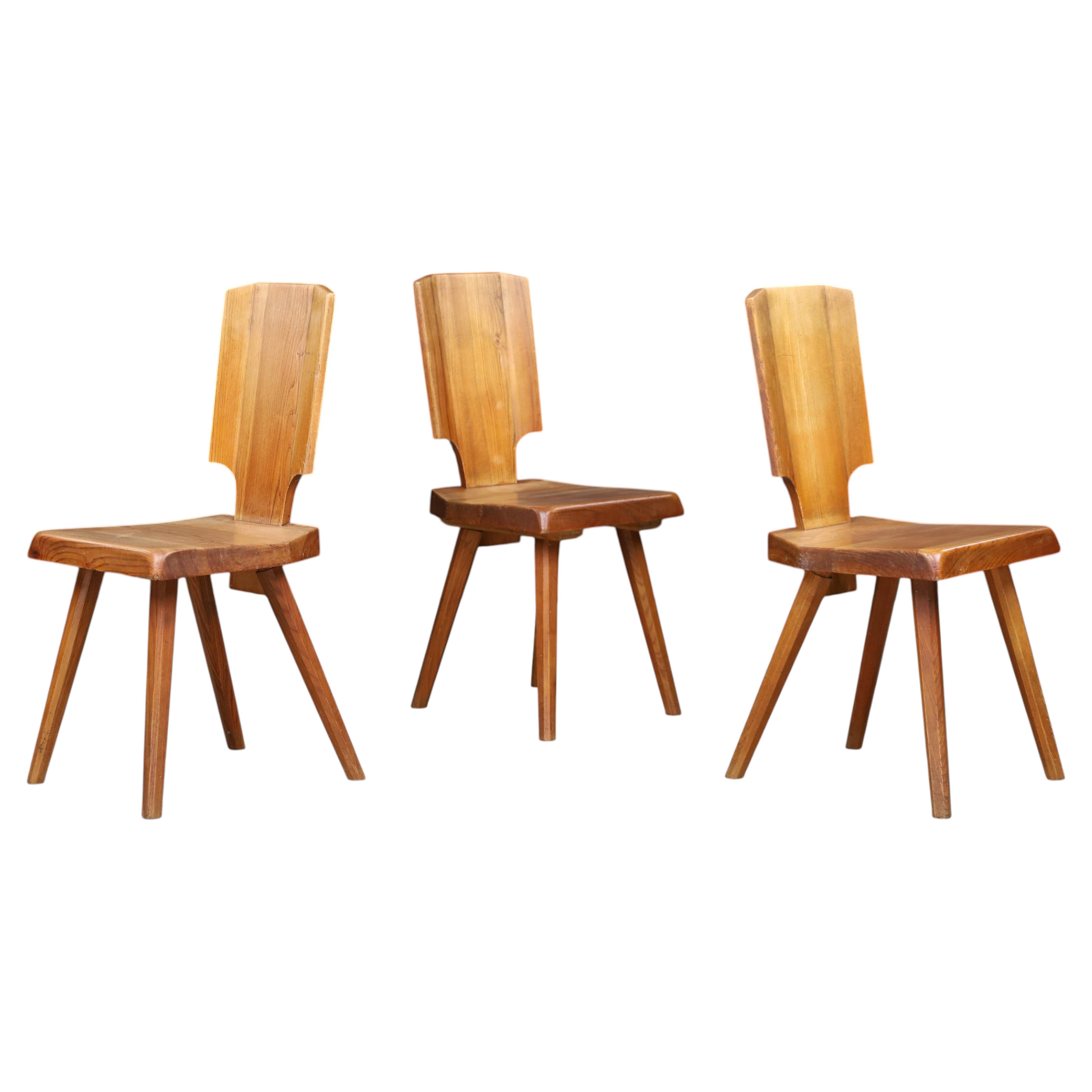Pierre Chapo S28 Dining Chairs in Patinated Solid Elm, France 1972, Set of 3