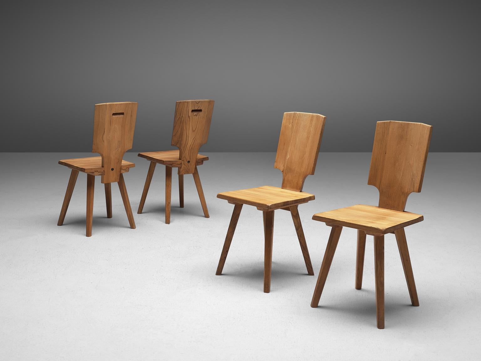 Pierre Chapo, set of 4 S28 dining chairs, elmwood, France, design 1972, manufacture 1975

During his travels to Alsace, Chapo discovered the Alsatian architecture and got inspired to modernize the 