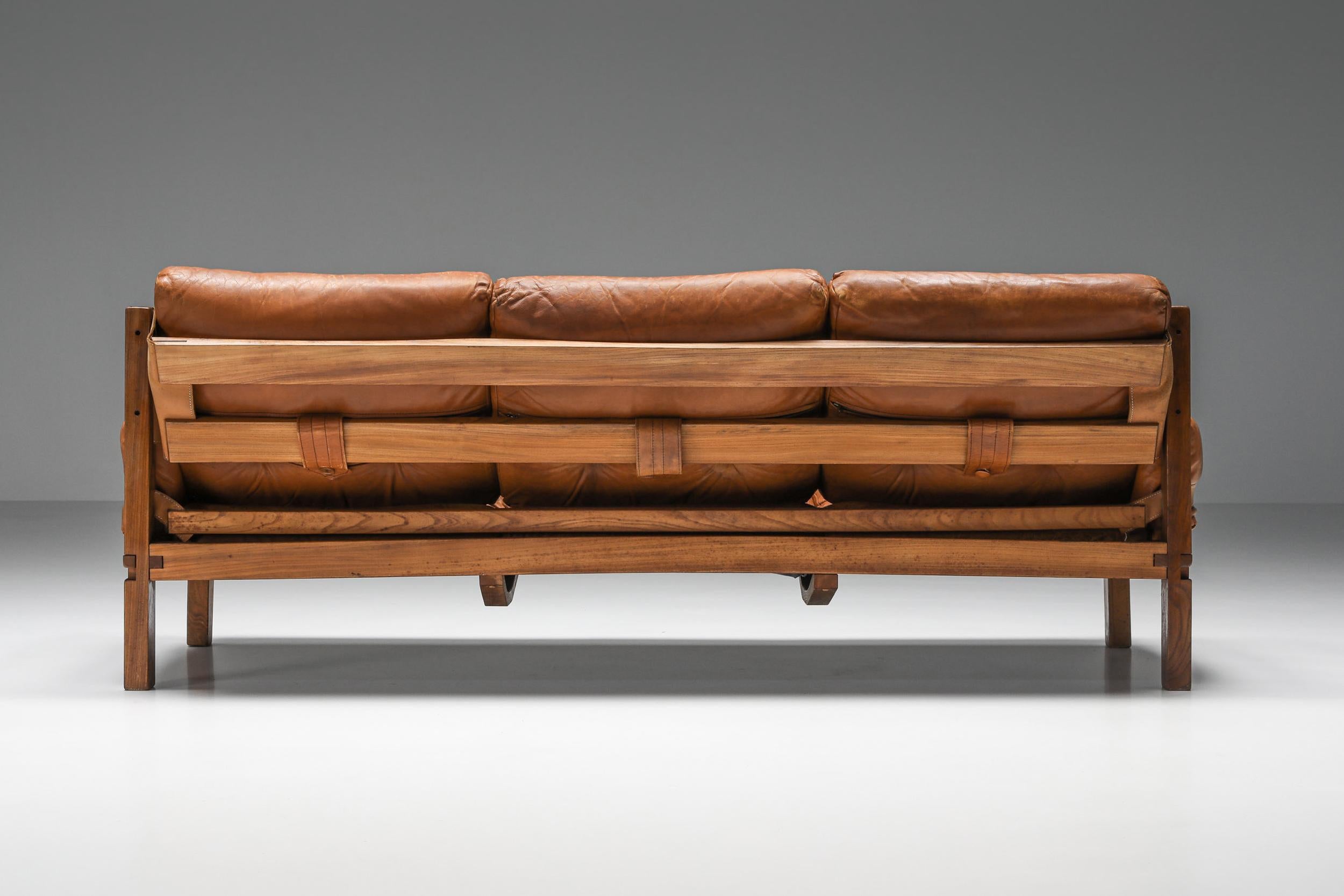 Mid-Century Modern Pierre Chapo S32 Elm & Leather Sofa, inspired by Charlotte Perriand, French