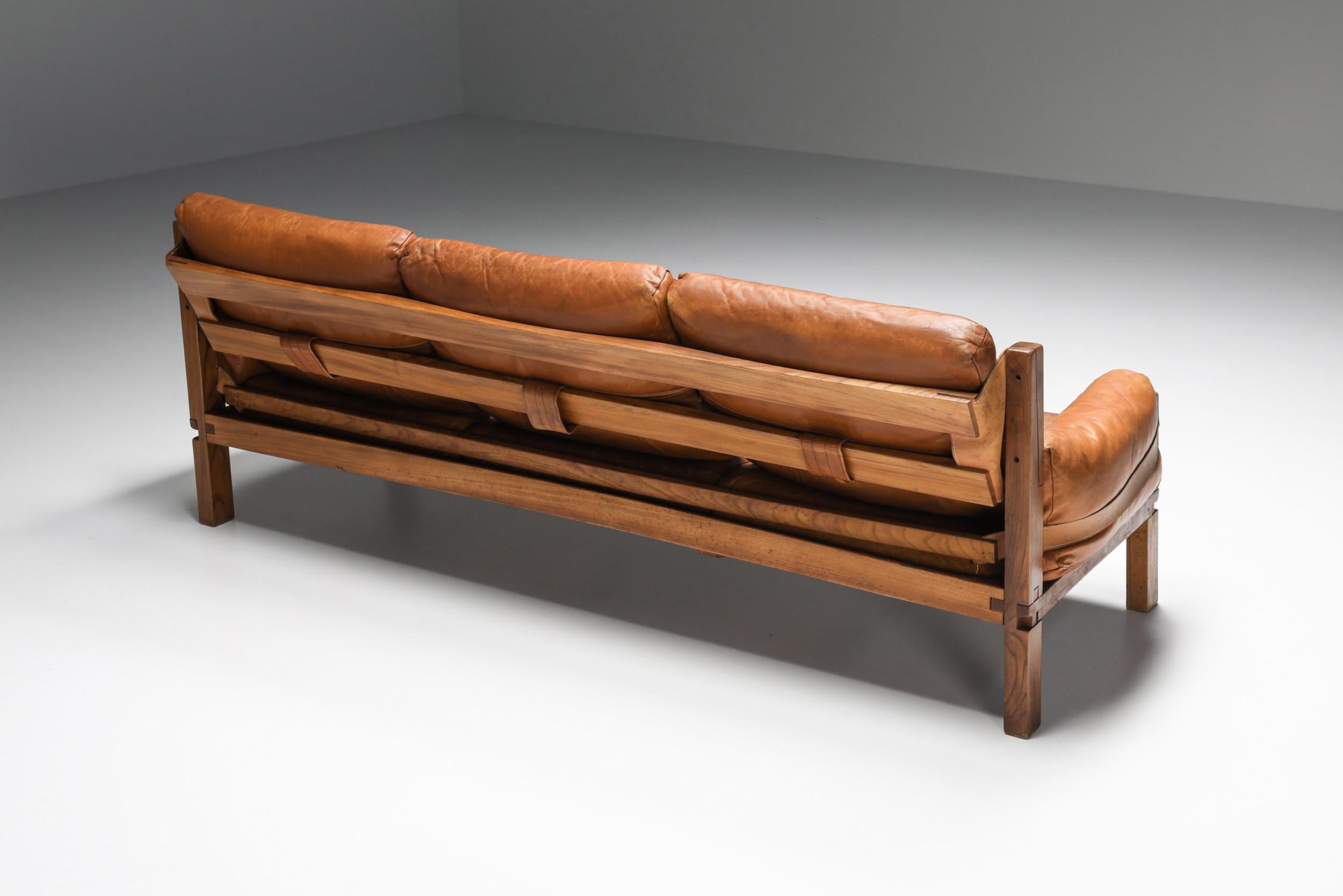 Late 20th Century Pierre Chapo S32 Elm & Leather Sofa, inspired by Charlotte Perriand, French