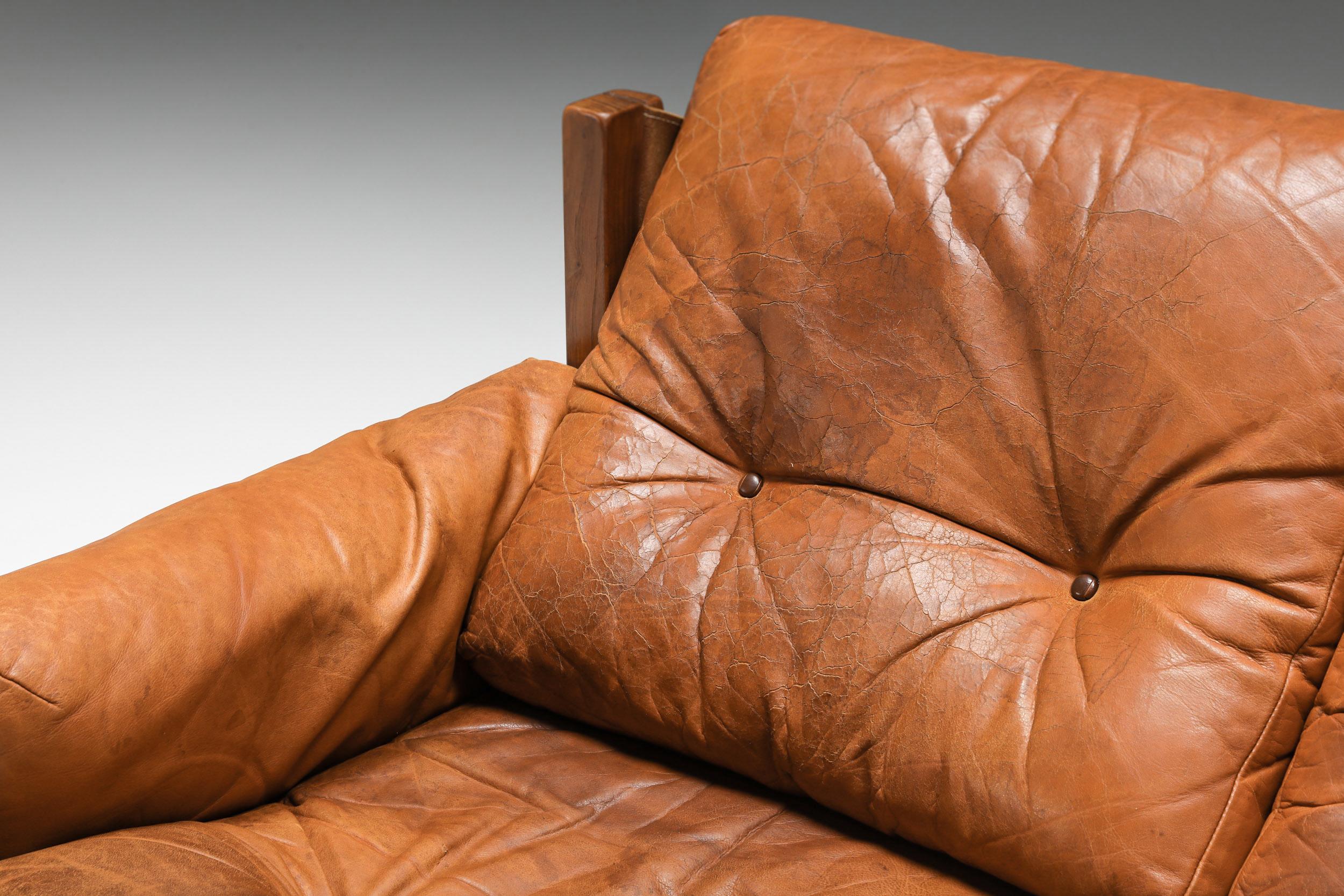 Pierre Chapo S32 Elm & Leather Sofa, inspired by Charlotte Perriand, French 1