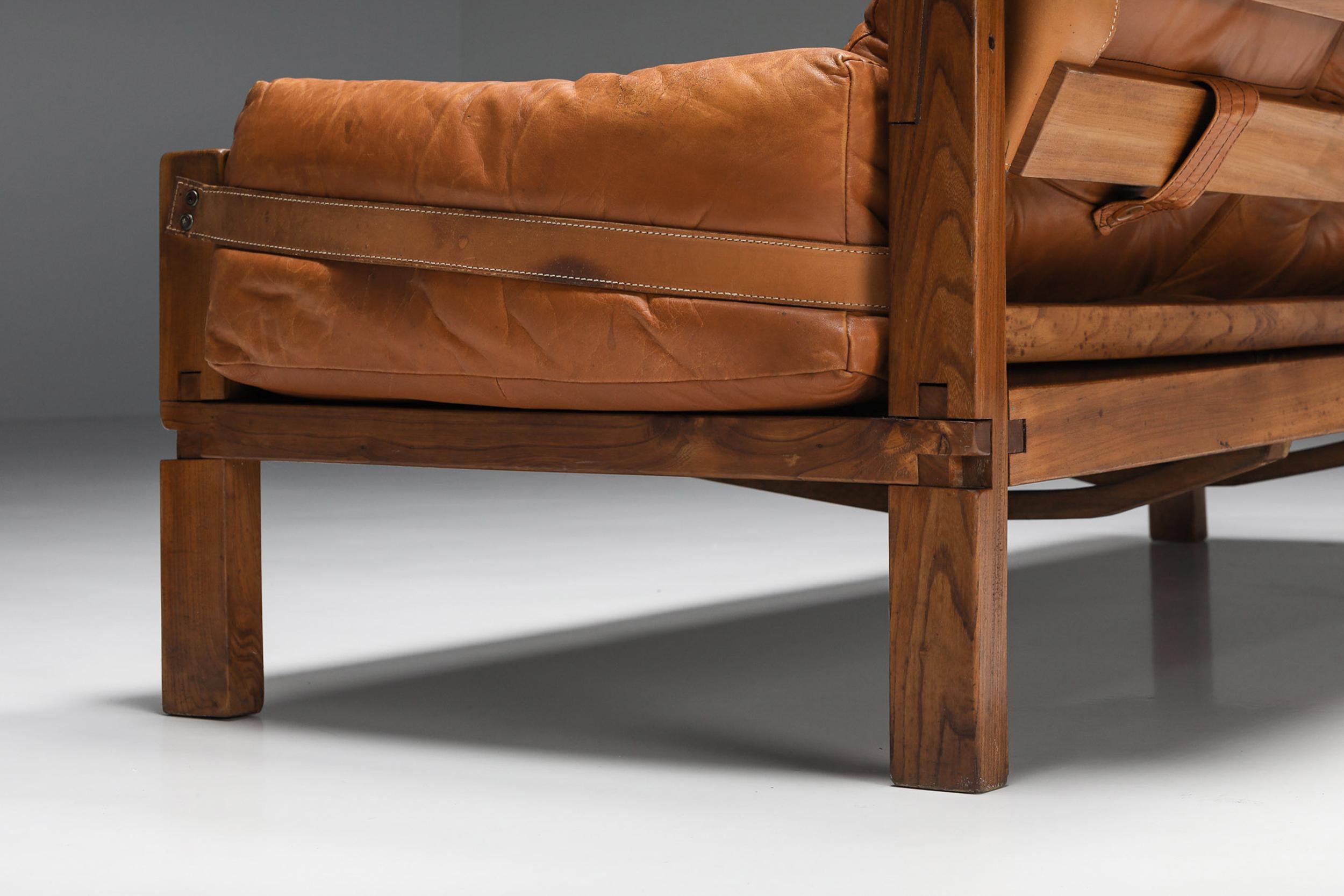 Pierre Chapo S32 Elm & Leather Sofa, inspired by Charlotte Perriand, French 3