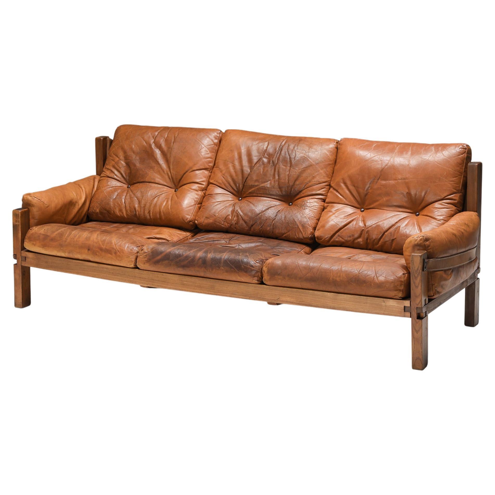 Pierre Chapo S32 Elm & Leather Sofa, inspired by Charlotte Perriand, French