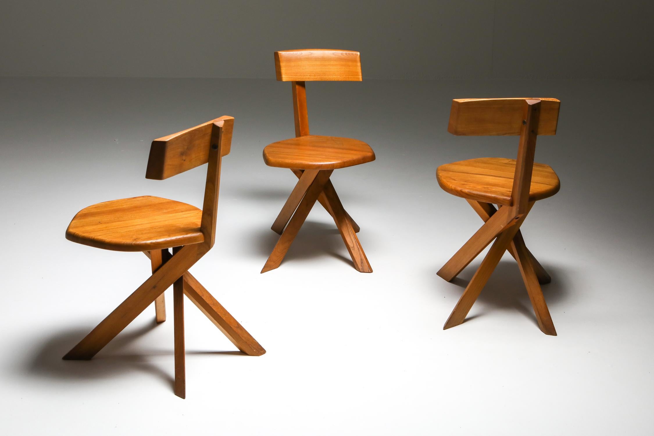 French Pierre Chapo 'S34' Dining Chairs in Solid Elm, 1960s