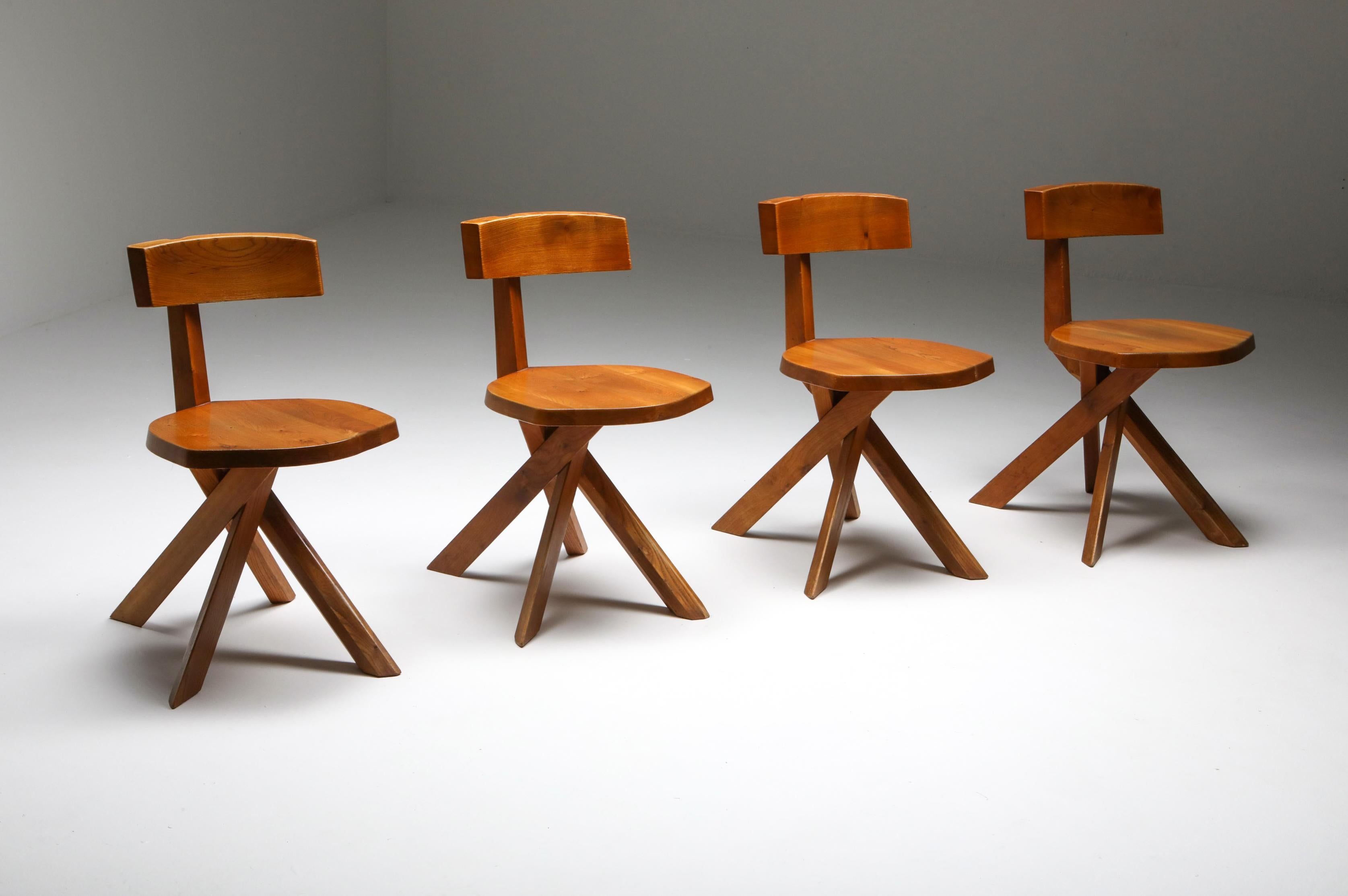 French Pierre Chapo 'S34' Dining Chairs in Solid Elm, 1960s