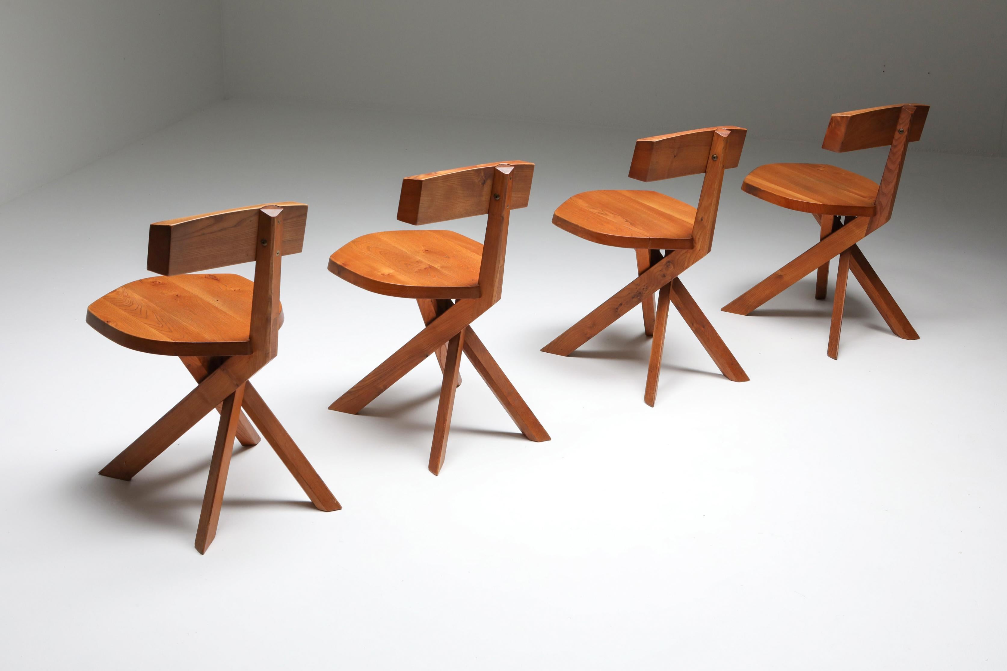 Pierre Chapo 'S34' Dining Chairs in Solid Elm, 1960s In Excellent Condition In Antwerp, BE