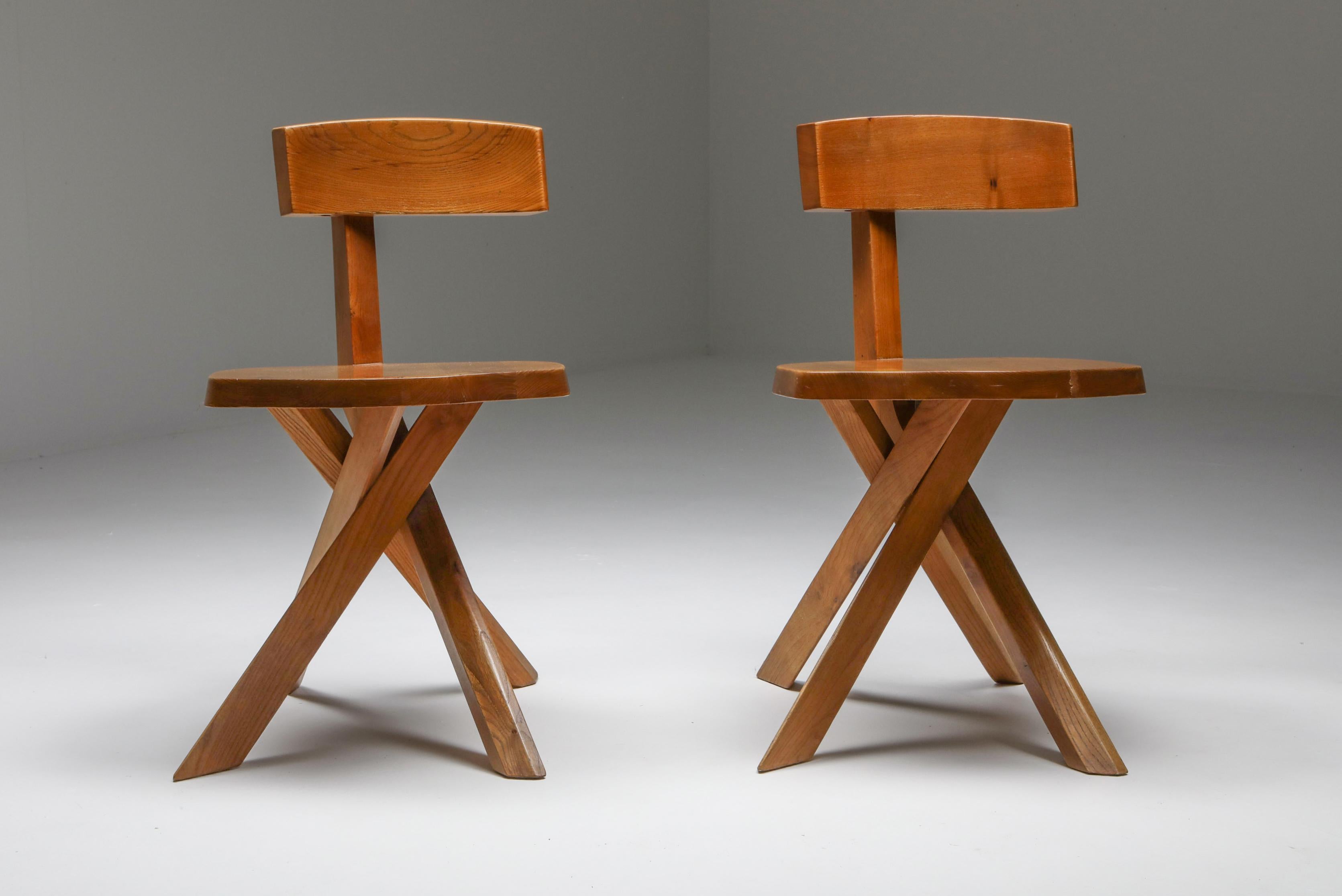 Pierre Chapo 'S34' Dining Chairs in Solid Elm, 1960s 1