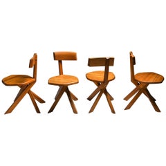 Pierre Chapo 'S34' Dining Chairs in Solid Elm, 1960s