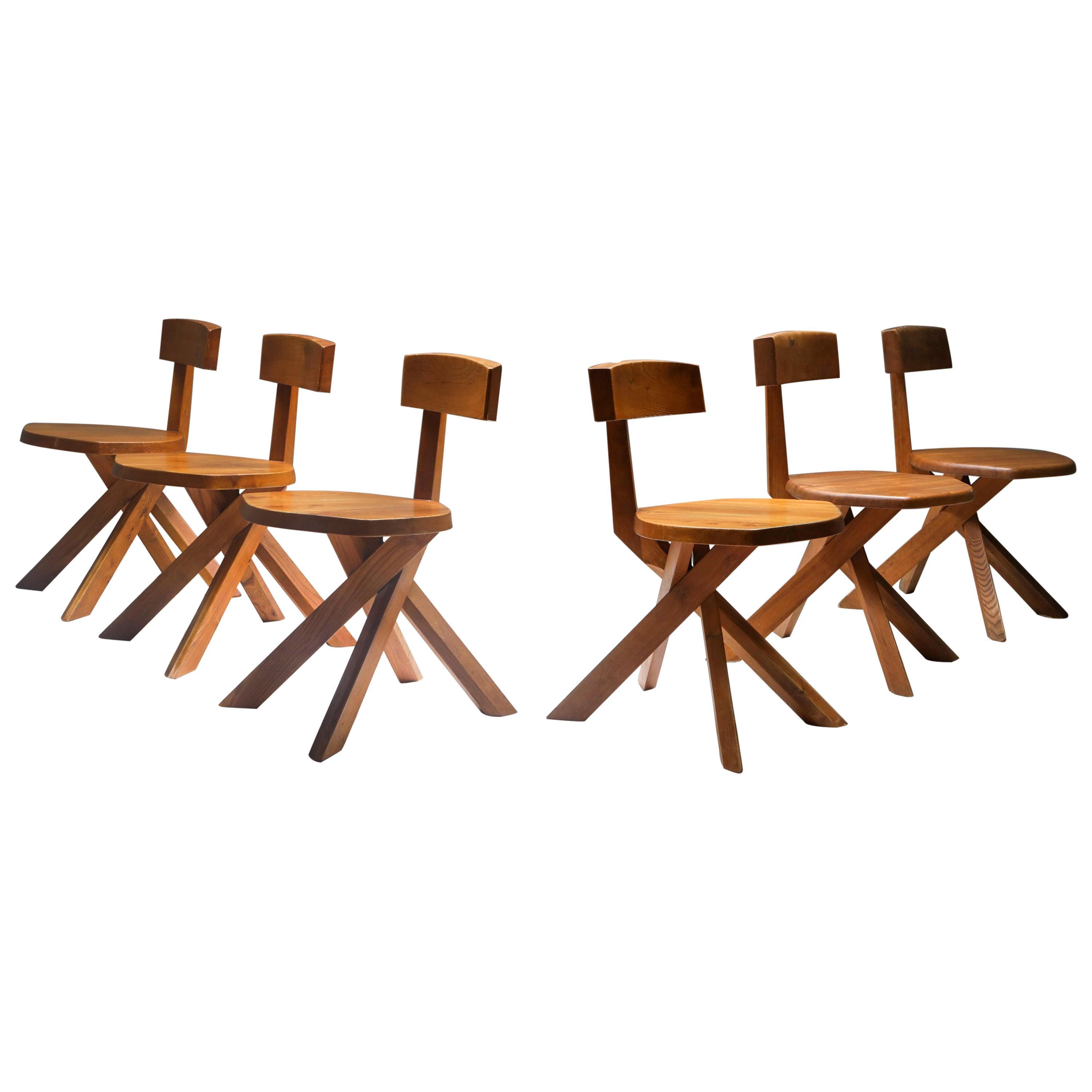 Pierre Chapo 'S34' Dining Chairs in Solid Elm, 1960s