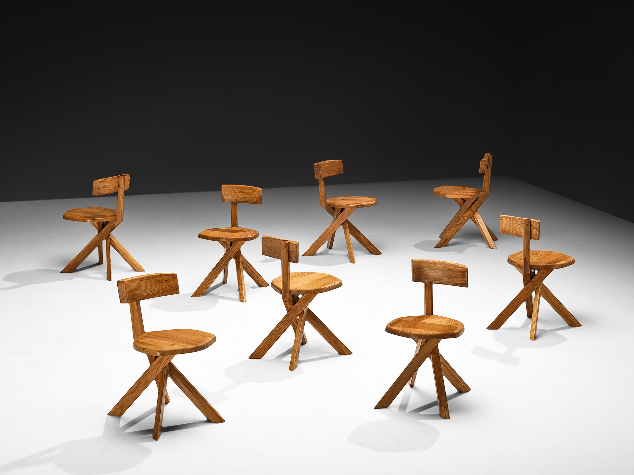 Pierre Chapo 'S34A' Set of Eight Sculptural Chairs in Solid Elm en venta 4