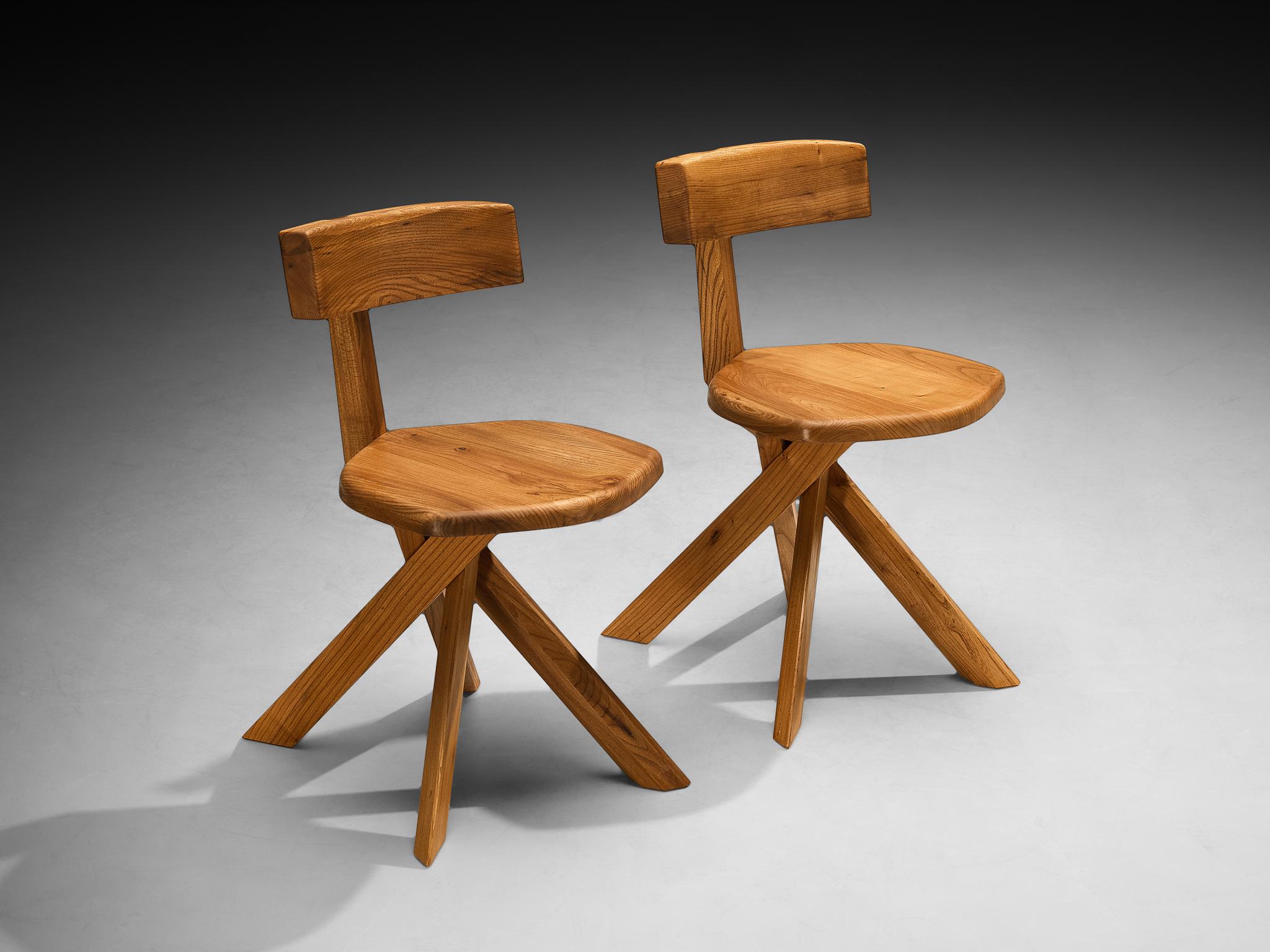 Pierre Chapo 'S34A' Set of Eight Sculptural Chairs in Solid Elm en Bueno estado para la venta en Waalwijk, NL