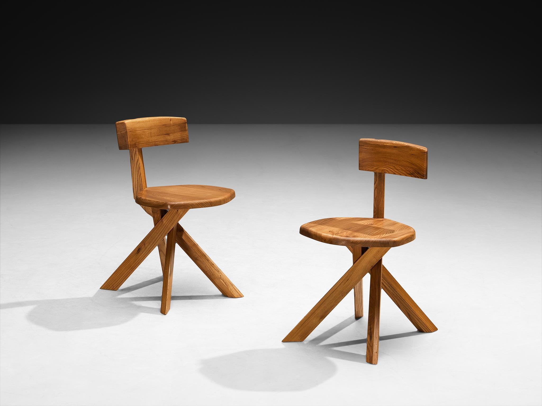 Pierre Chapo 'S34A' Set of Eight Sculptural Chairs in Solid Elm Olmo en venta