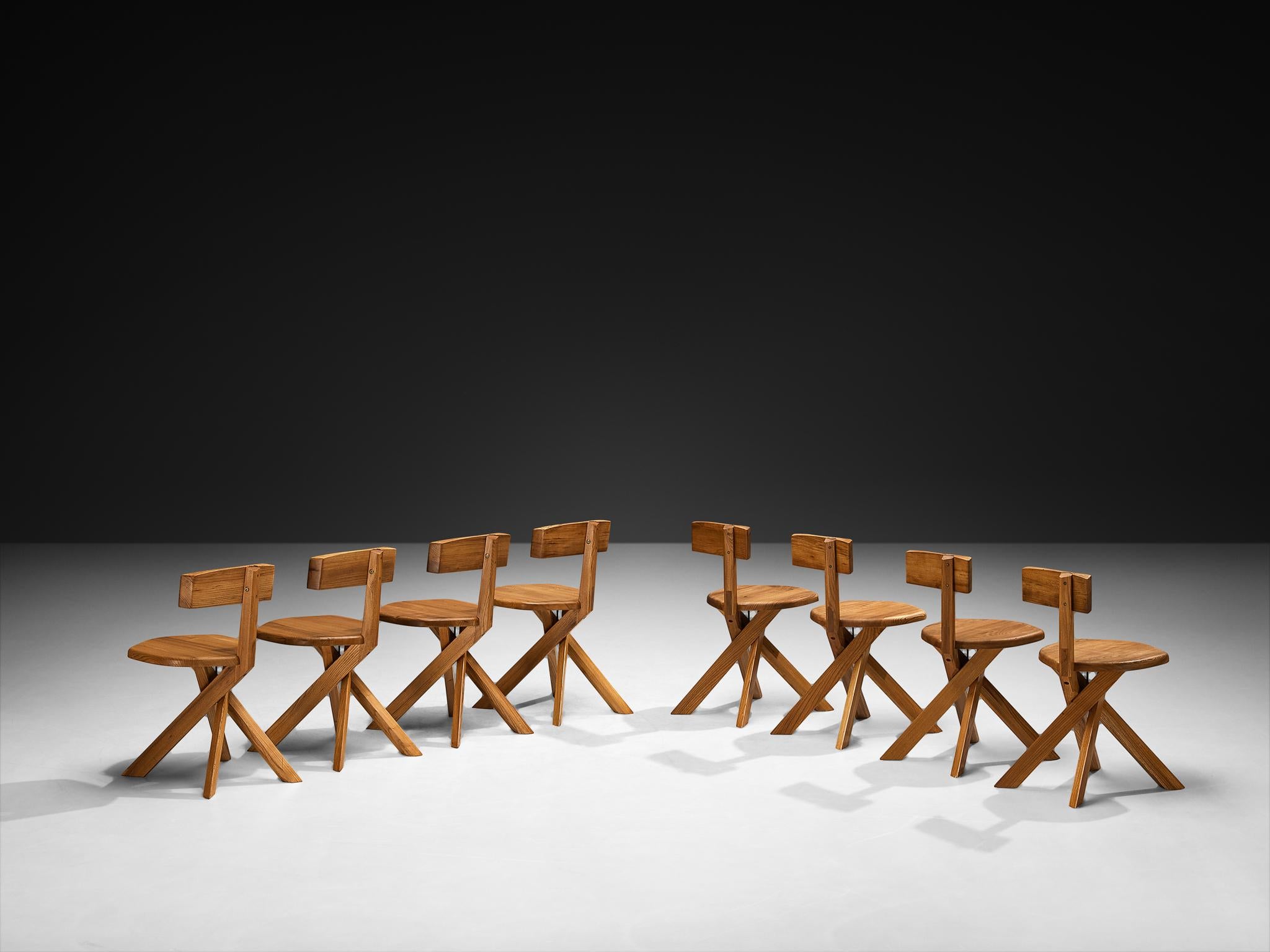 Pierre Chapo 'S34A' Set of Eight Sculptural Chairs in Solid Elm en venta 1