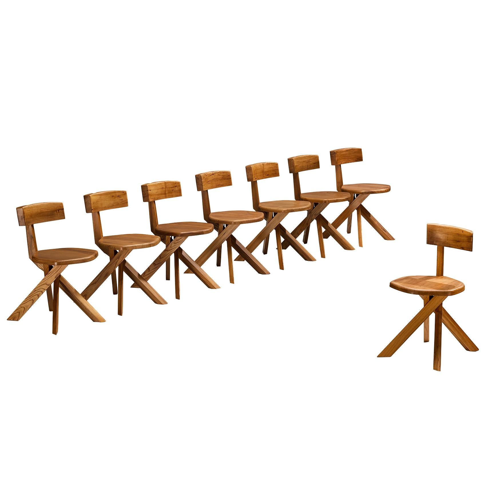 Pierre Chapo 
S34A
 Set of Eight Sculptural Chairs in Solid Elm