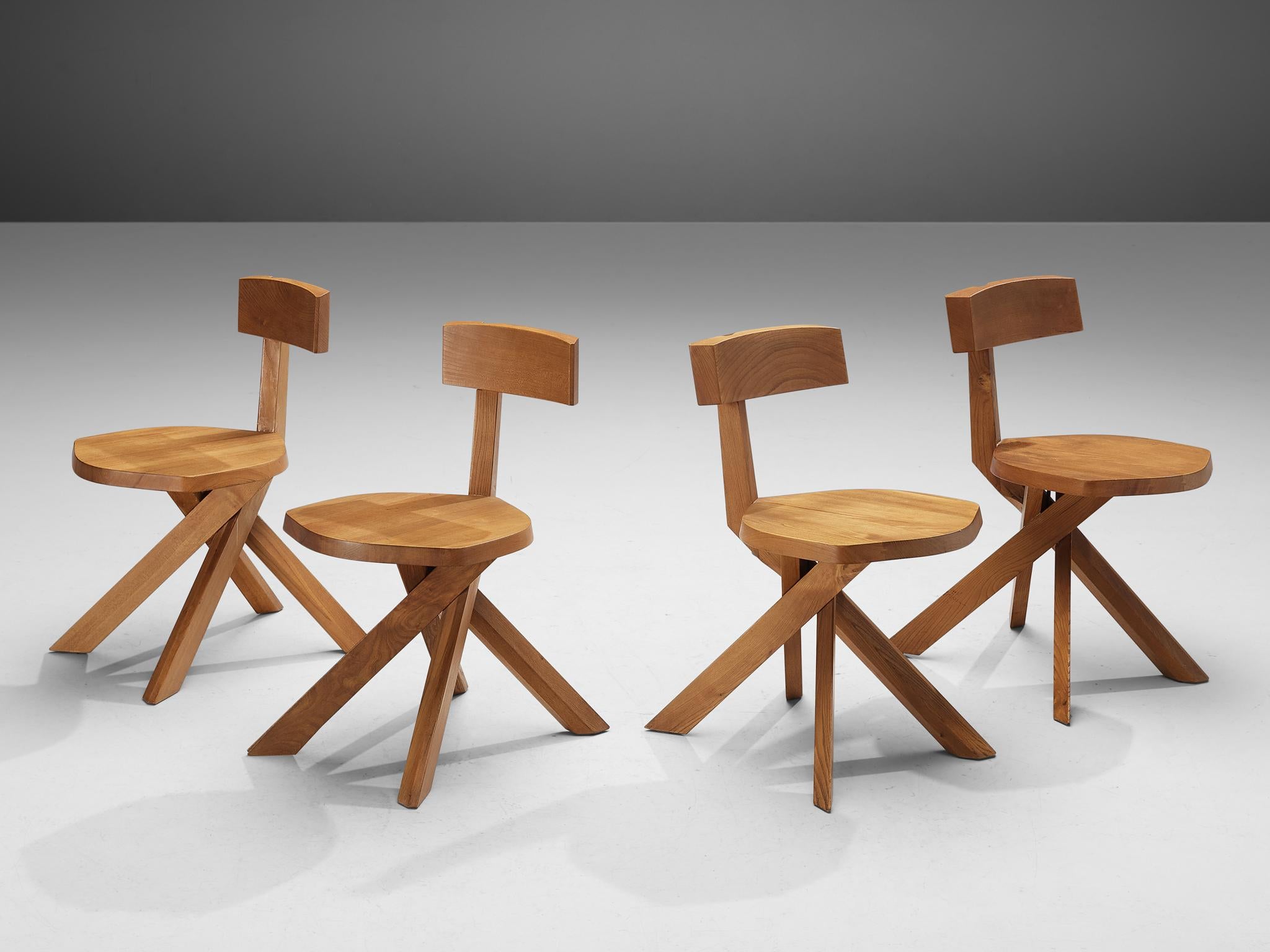 Pierre Chapo, chairs, model 'S34A', elm, France, circa 1973 

This chair model 'S34A' is designed by Pierre Chapo circa 1973. This asymmetrical chair executed in elm with seven-shaped back and twisted base is a true icon of Chapo's playful and
