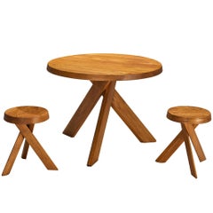 Pierre Chapo Seating Set with Rare 'T21A' Table and 'S13A' Stools
