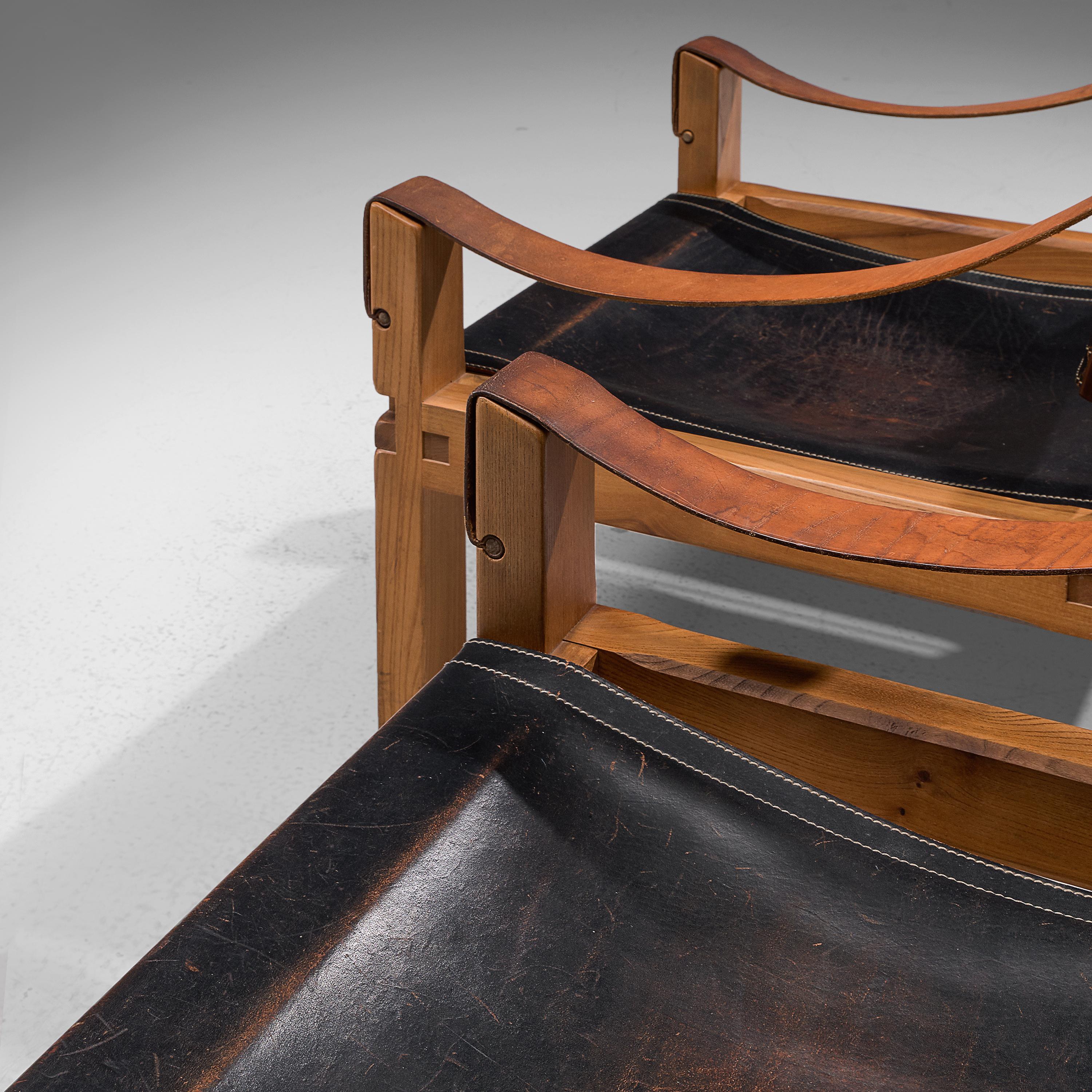 Pierre Chapo paire de fauteuils de salon 'S10X' en cuir noir patiné en vente 4