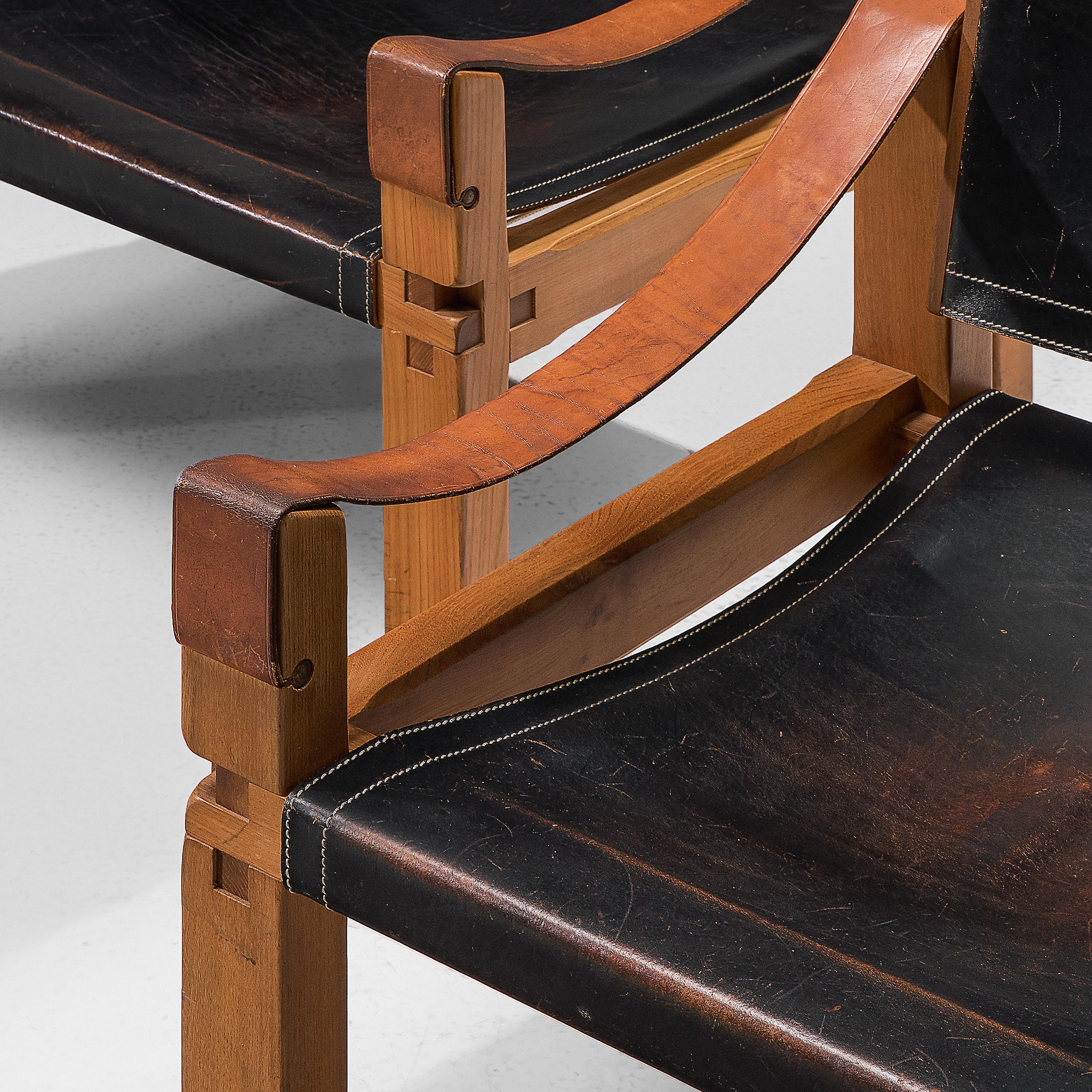 Pierre Chapo paire de fauteuils de salon 'S10X' en cuir noir patiné en vente 2