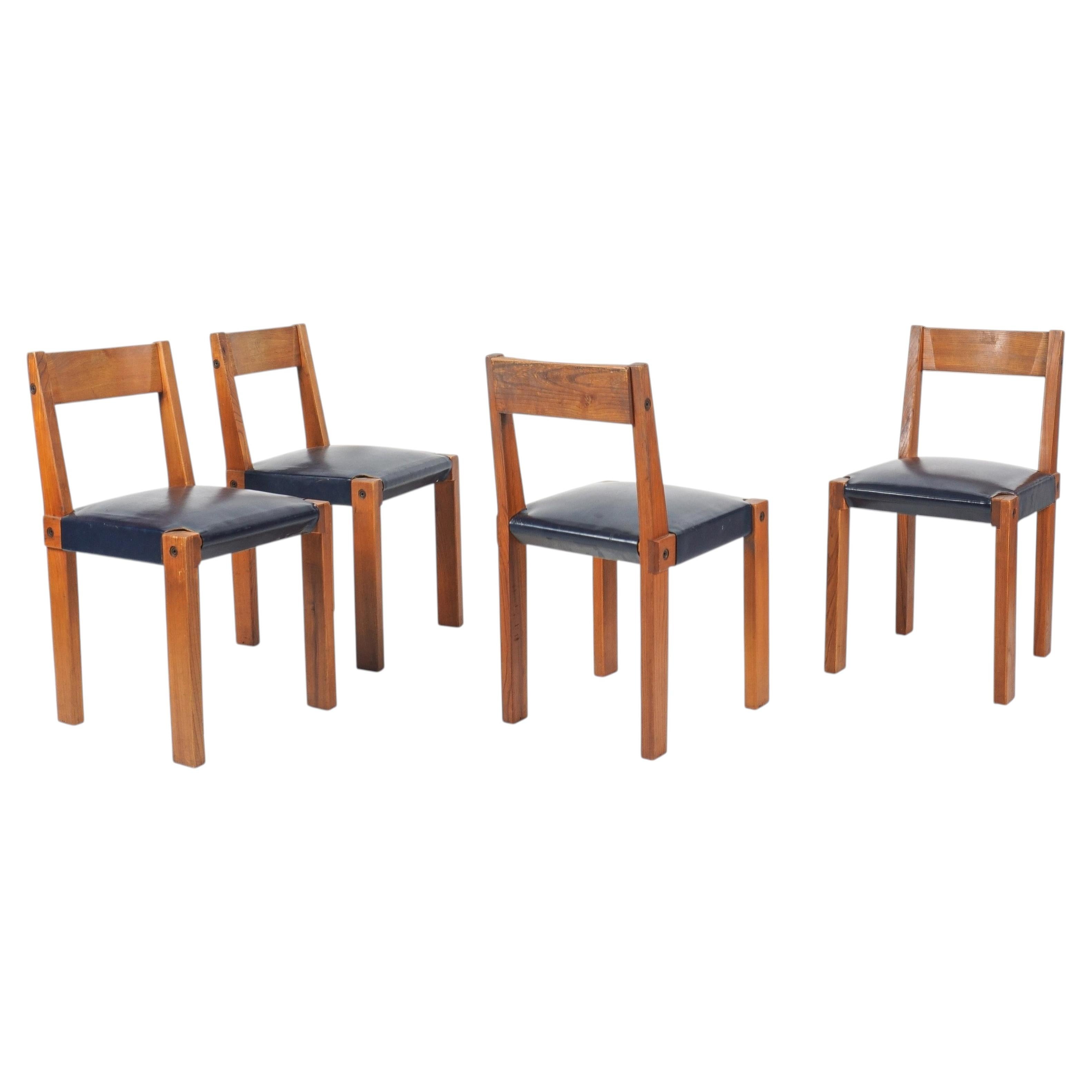 Set of 4 Pierre Chapo S24 Chairs, Elm & Leather, France, Circa 1960