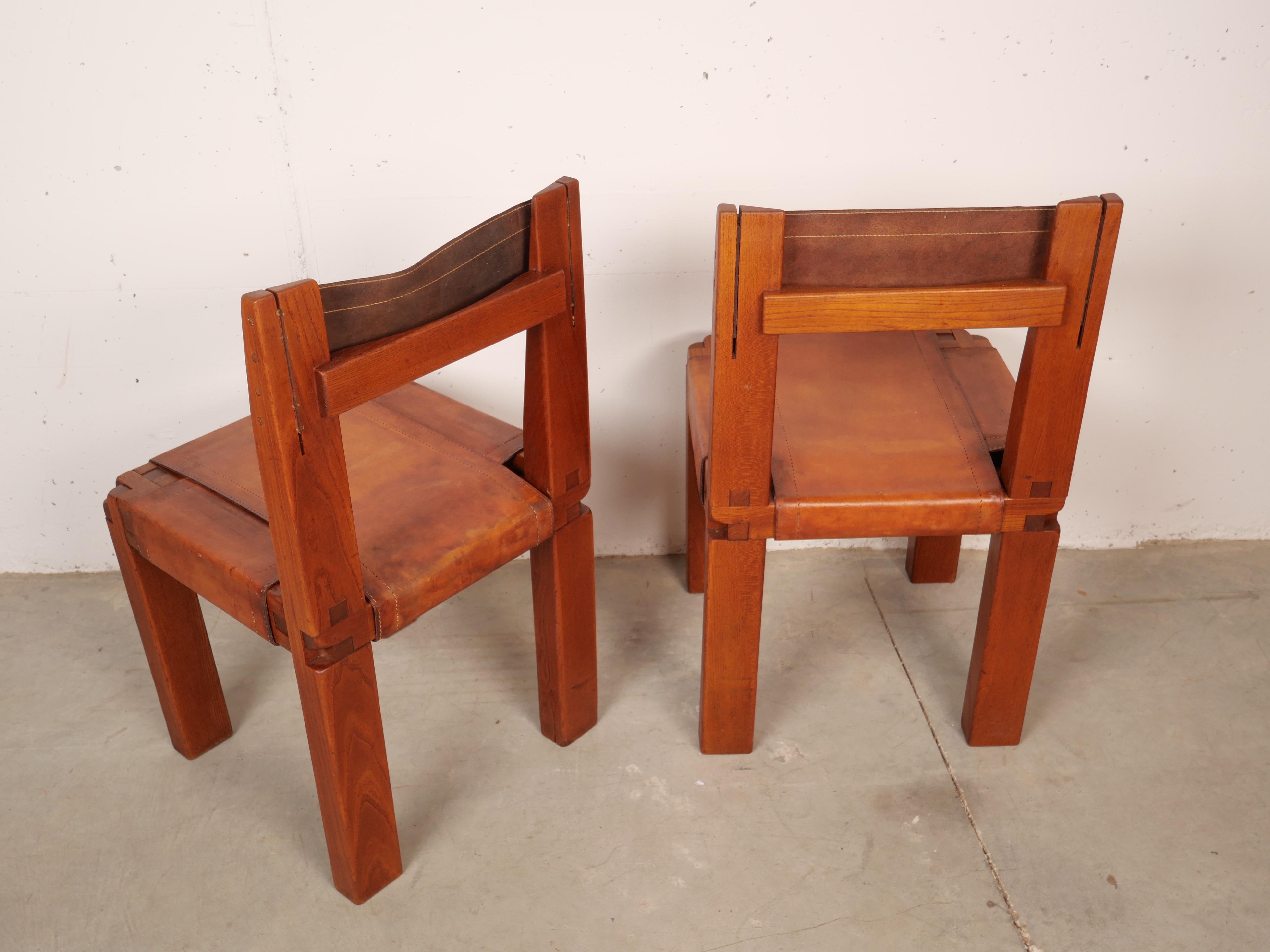 Pierre Chapo, Set of 4 Dining Chairs, Model S11, Elm and Leather, France 1970 4