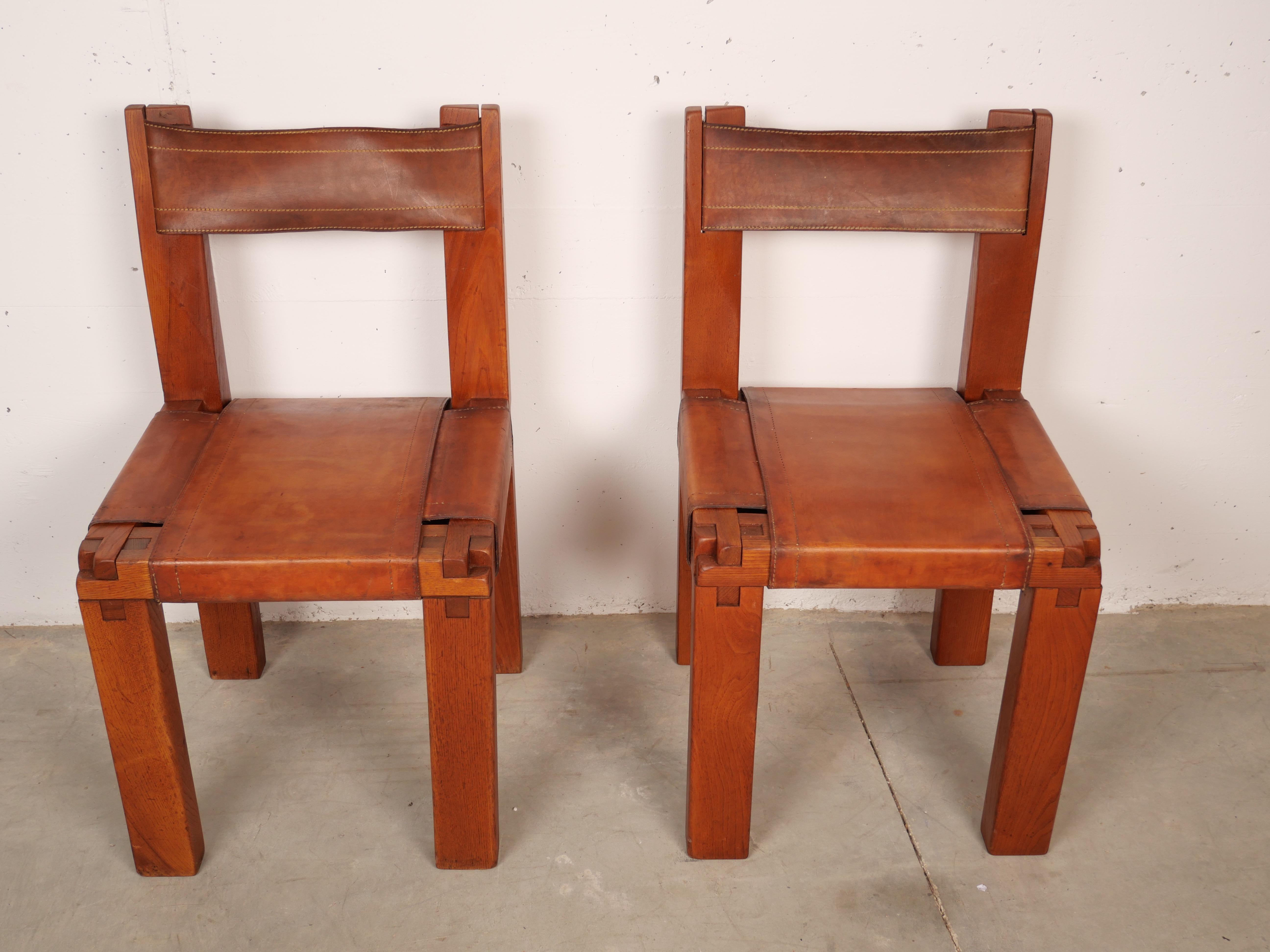 Pierre Chapo, Set of 4 Dining Chairs, Model S11, Elm and Leather, France 1970 5