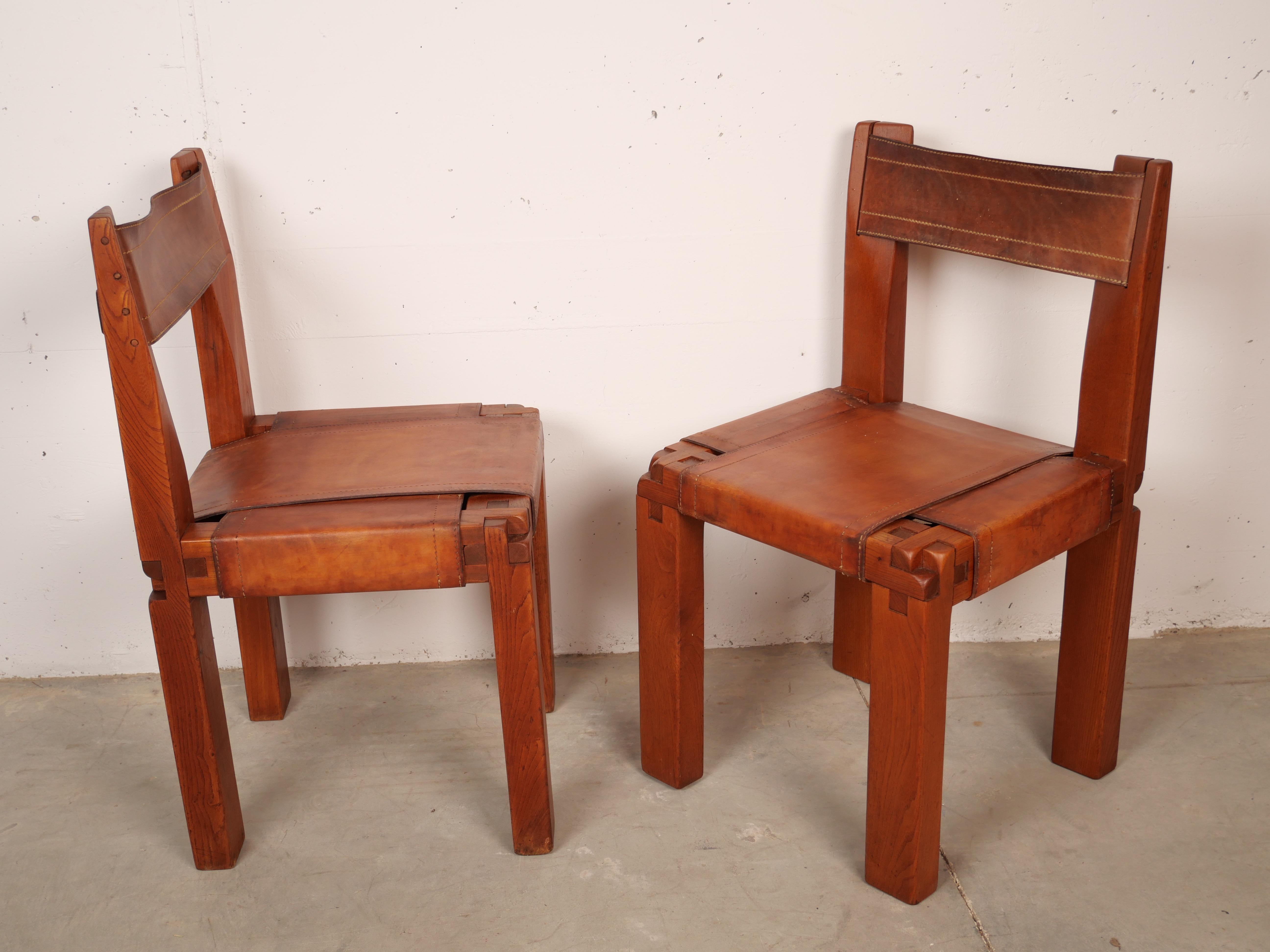 Pierre Chapo, Set of 4 Dining Chairs, Model S11, Elm and Leather, France 1970 6