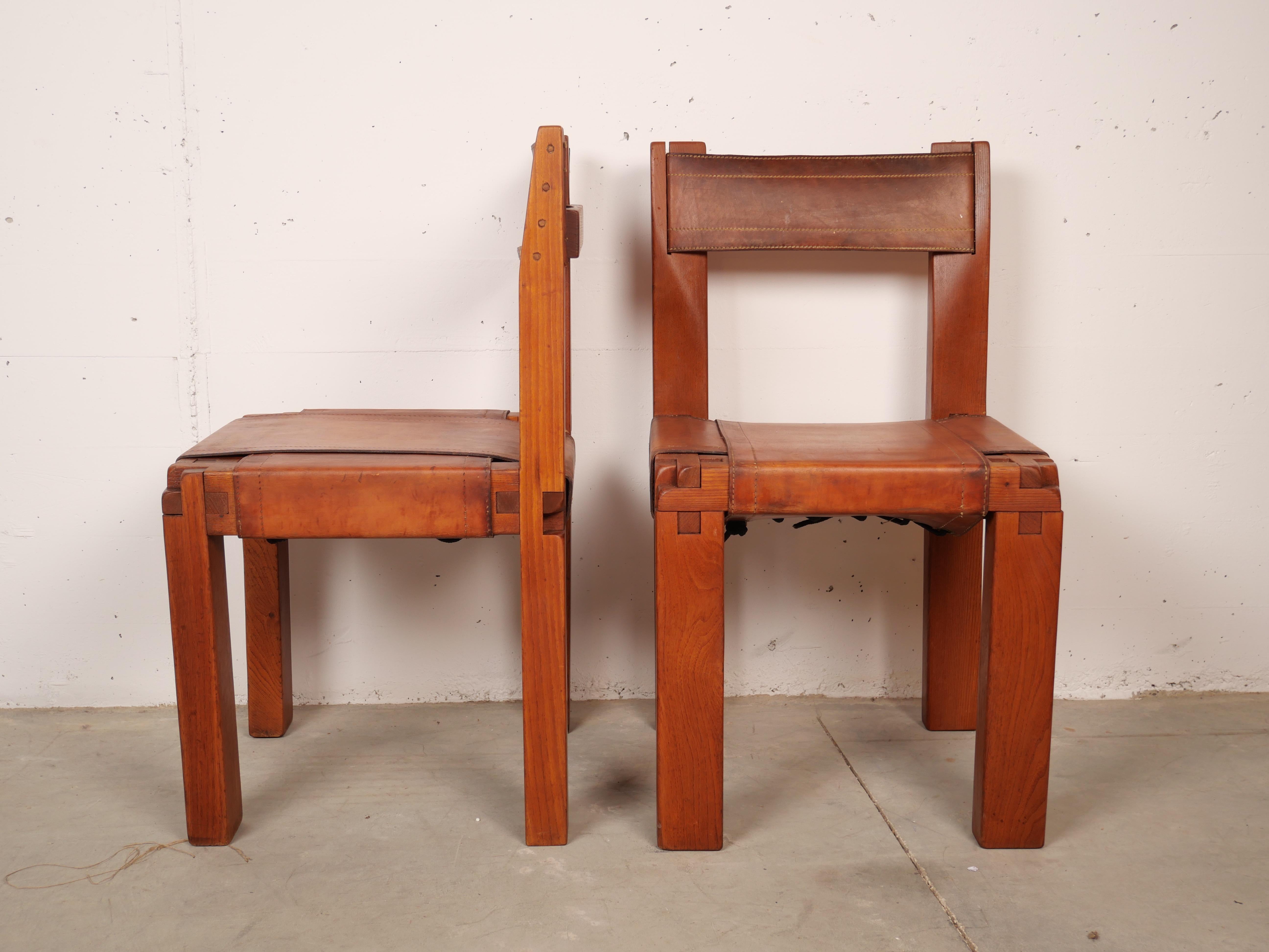 Pierre Chapo, Set of 4 Dining Chairs, Model S11, Elm and Leather, France 1970 7