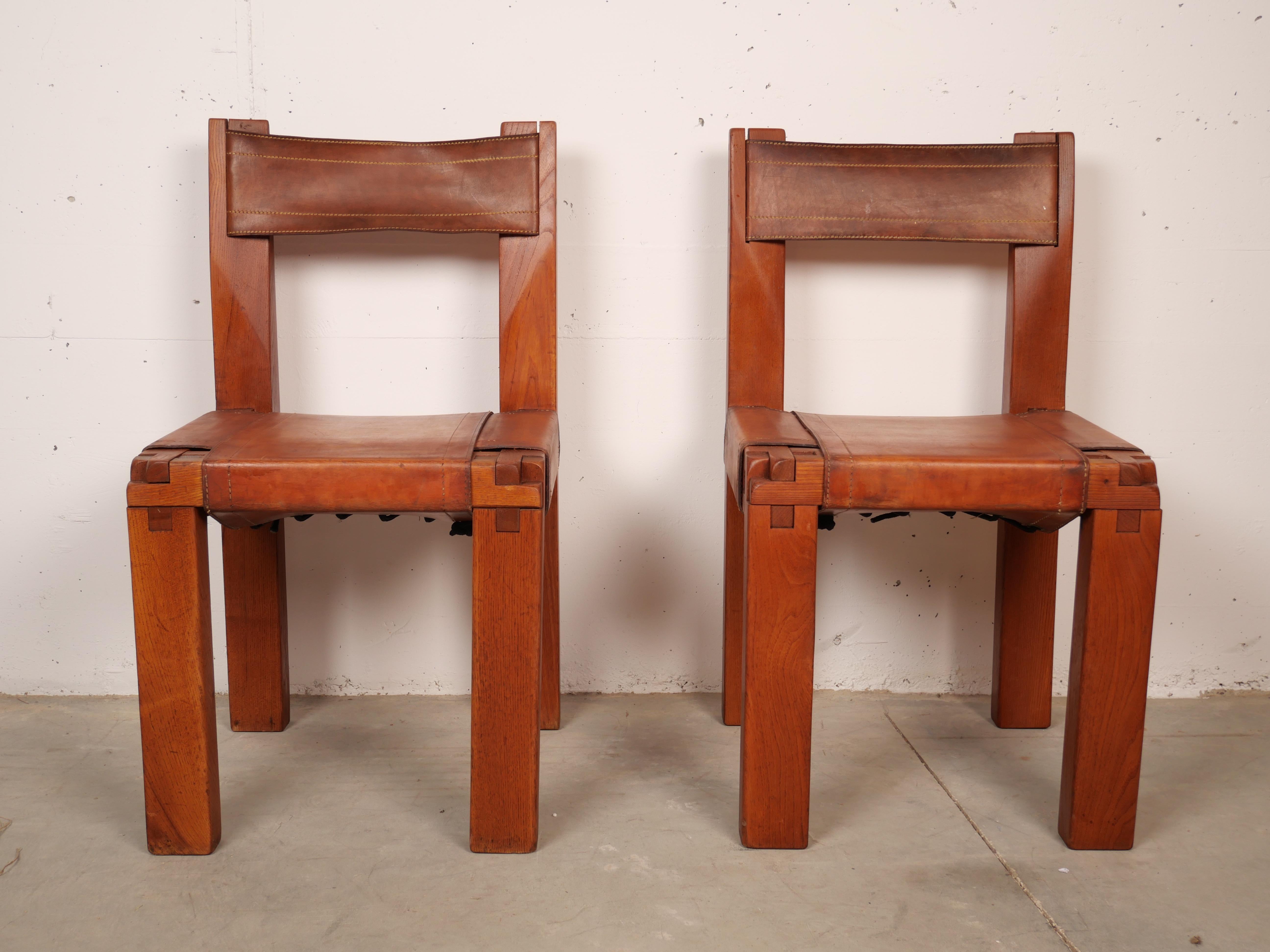 Pierre Chapo, Set of 4 Dining Chairs, Model S11, Elm and Leather, France 1970 8