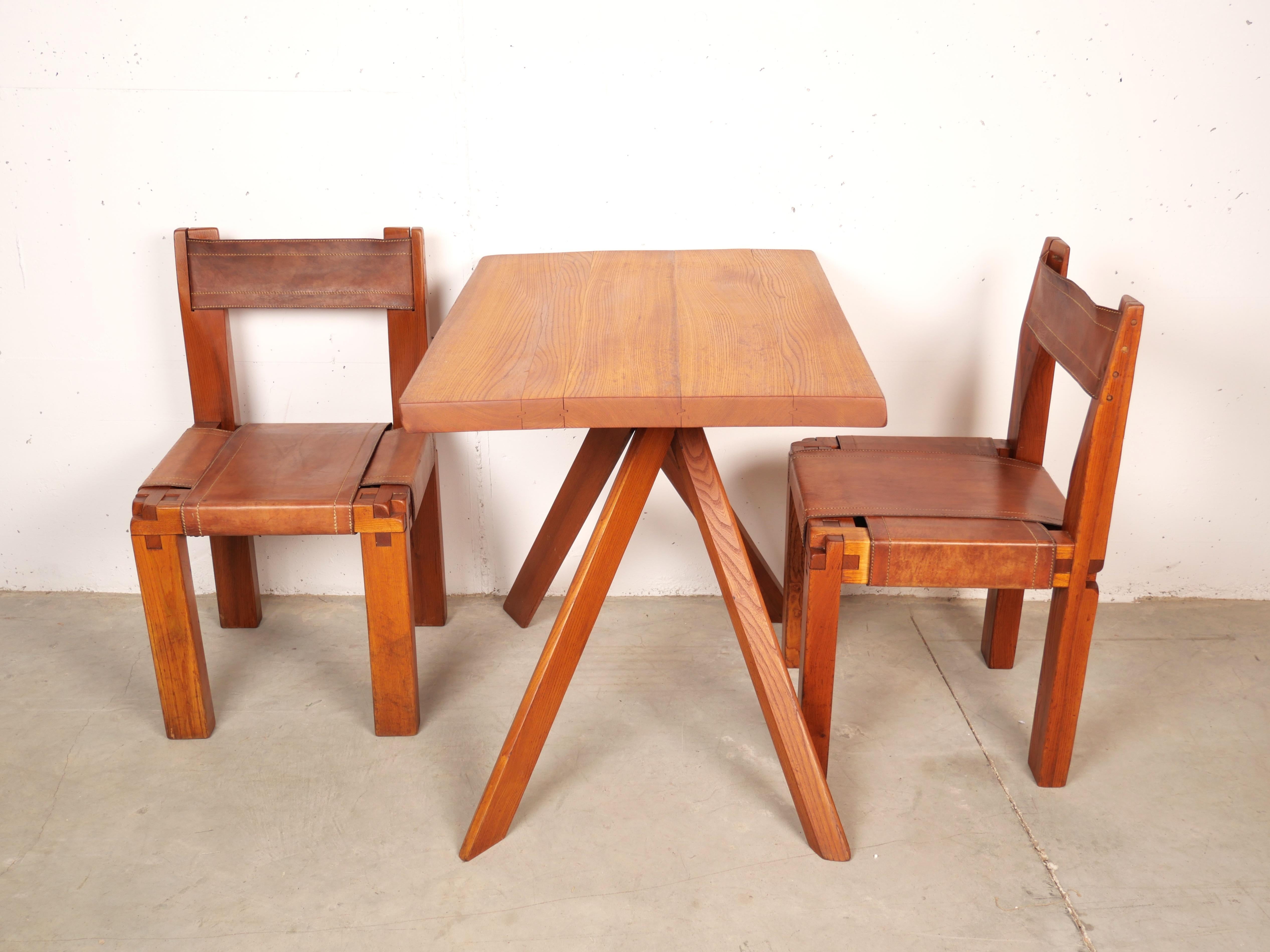 French Pierre Chapo, Set of 4 Dining Chairs, Model S11, Elm and Leather, France 1970