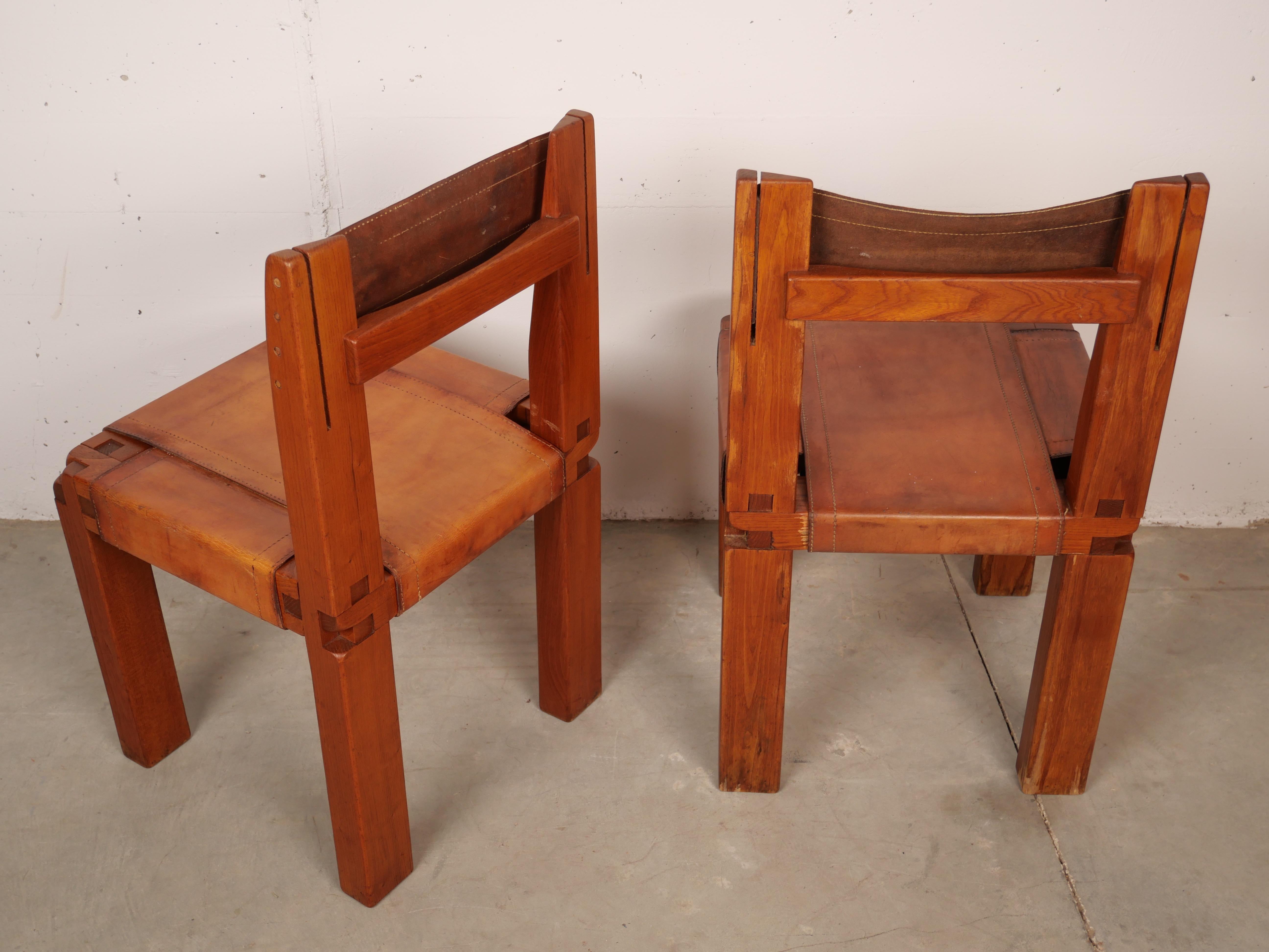 Pierre Chapo, Set of 4 Dining Chairs, Model S11, Elm and Leather, France 1970 In Good Condition In Santa Gertrudis, Baleares