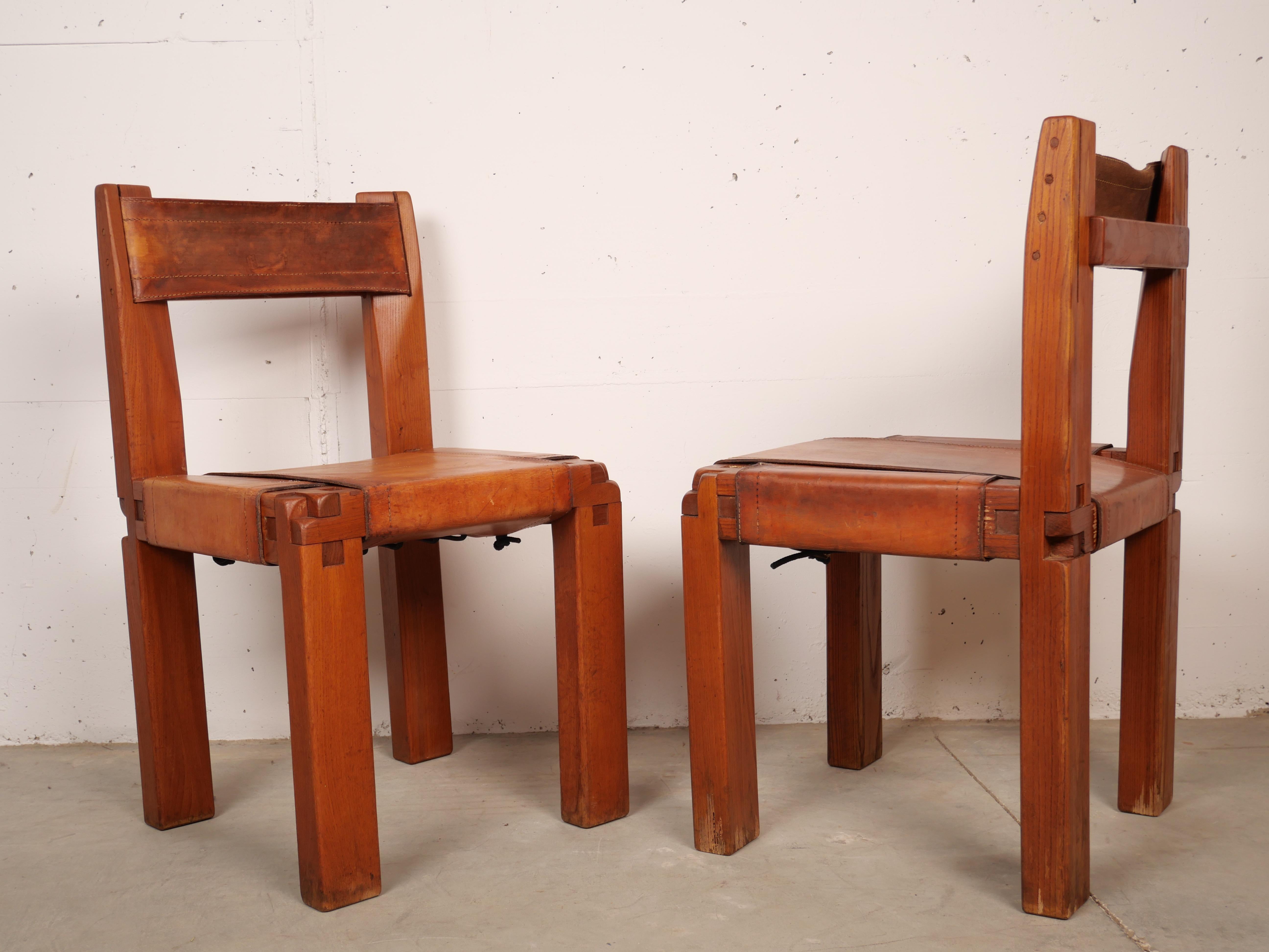 Late 20th Century Pierre Chapo, Set of 4 Dining Chairs, Model S11, Elm and Leather, France 1970