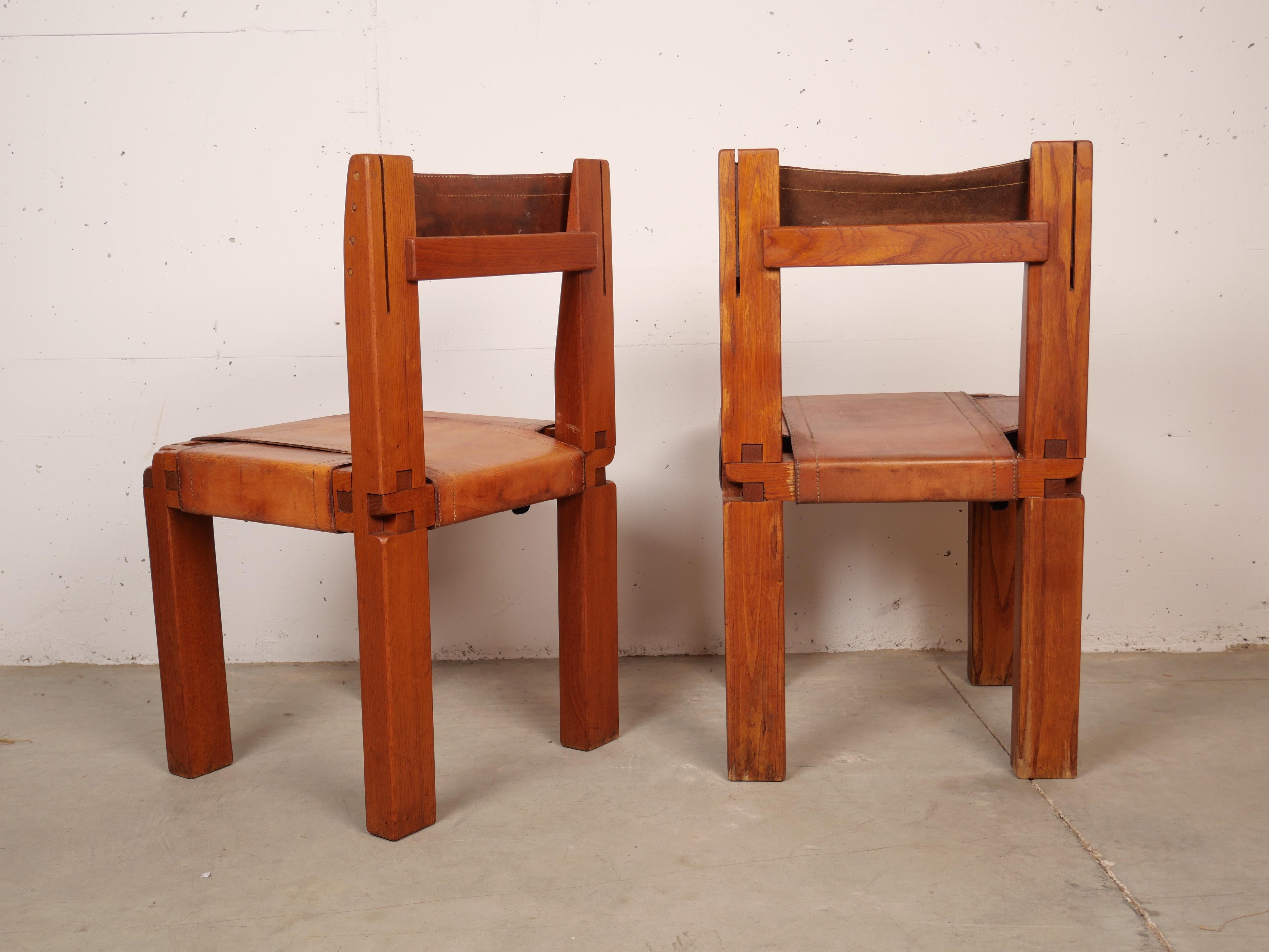 Pierre Chapo, Set of 4 Dining Chairs, Model S11, Elm and Leather, France 1970 1