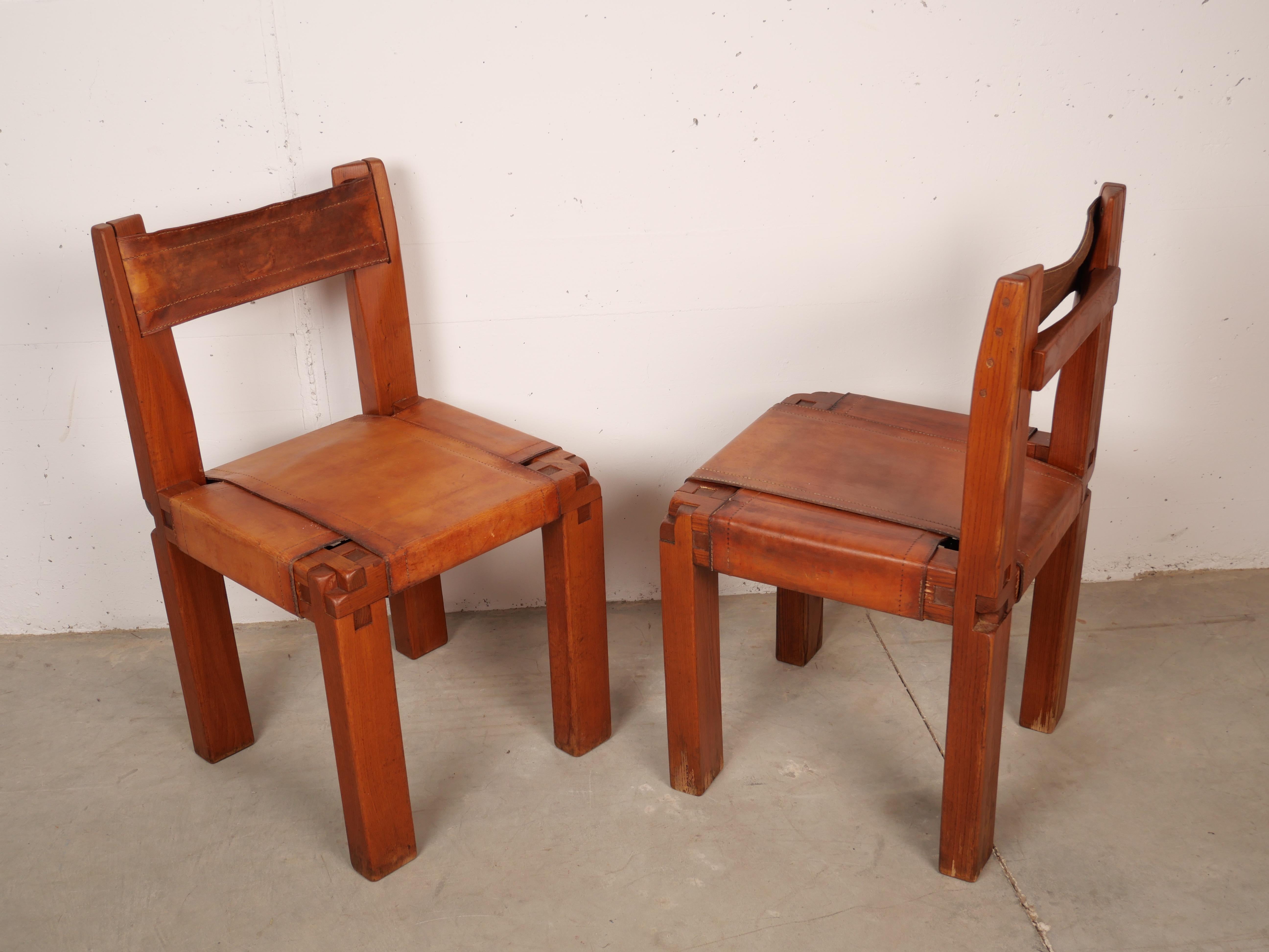 Pierre Chapo, Set of 4 Dining Chairs, Model S11, Elm and Leather, France 1970 2