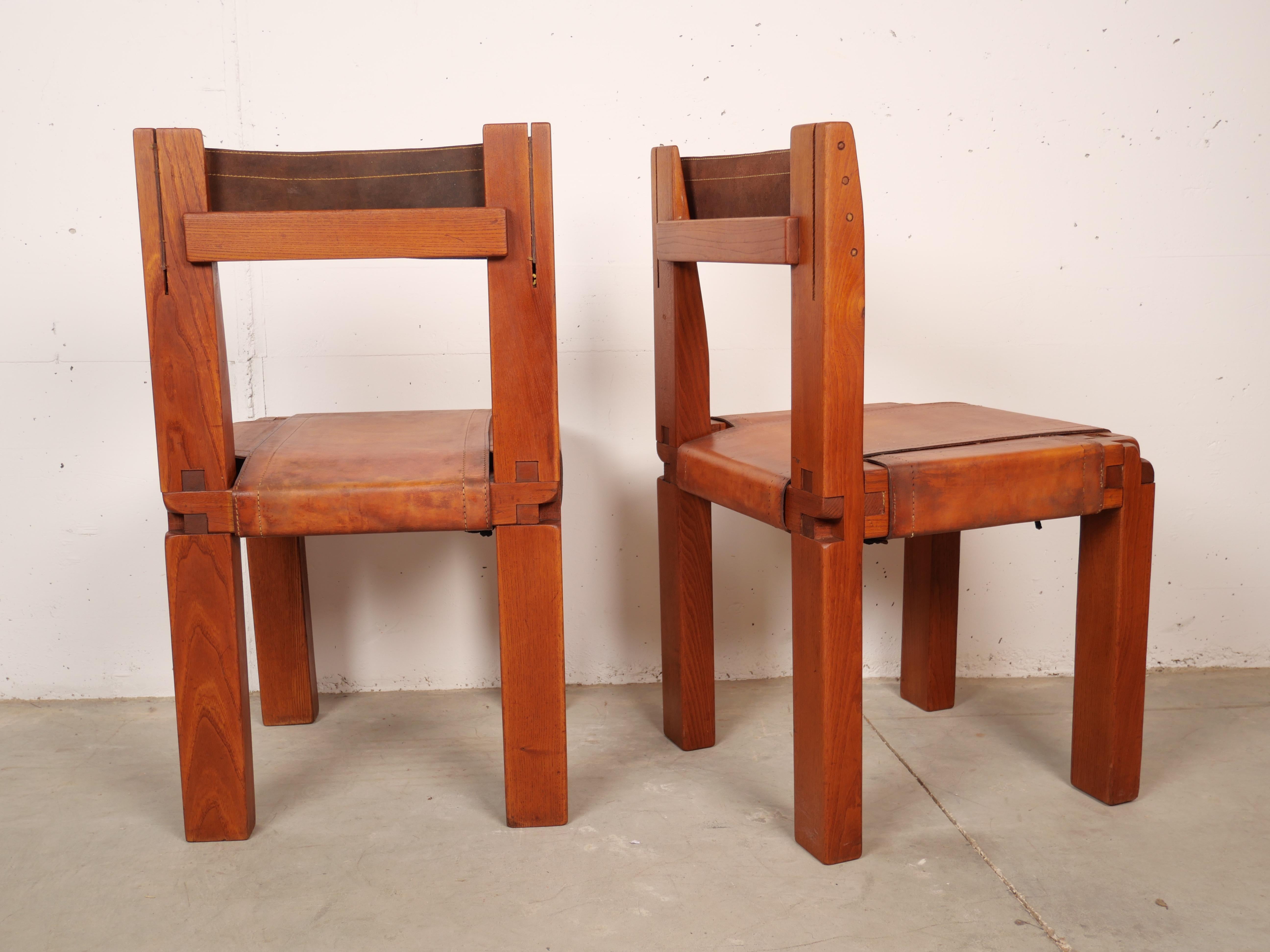 Pierre Chapo, Set of 4 Dining Chairs, Model S11, Elm and Leather, France 1970 3