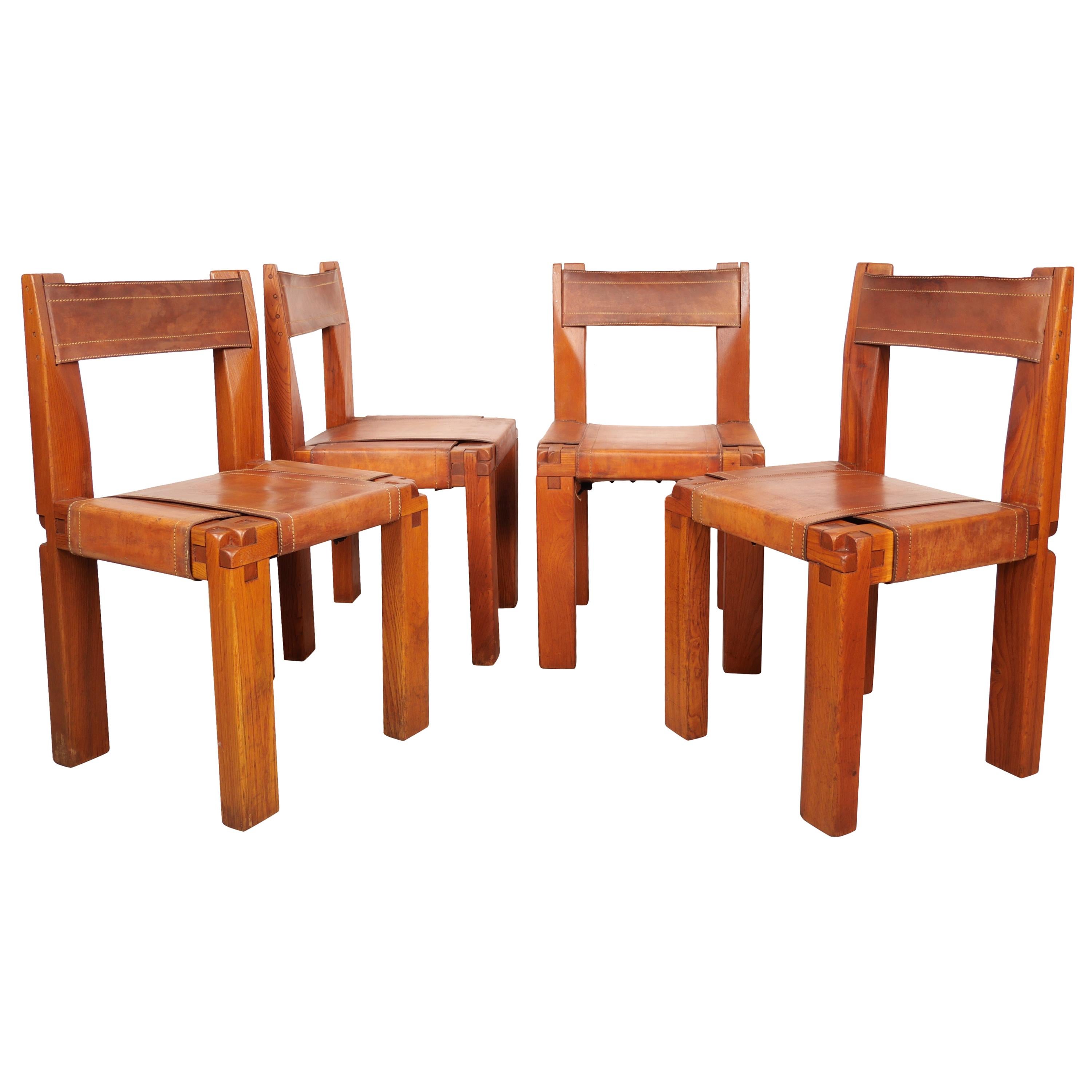 Pierre Chapo, Set of 4 Dining Chairs, Model S11, Elm and Leather, France 1970