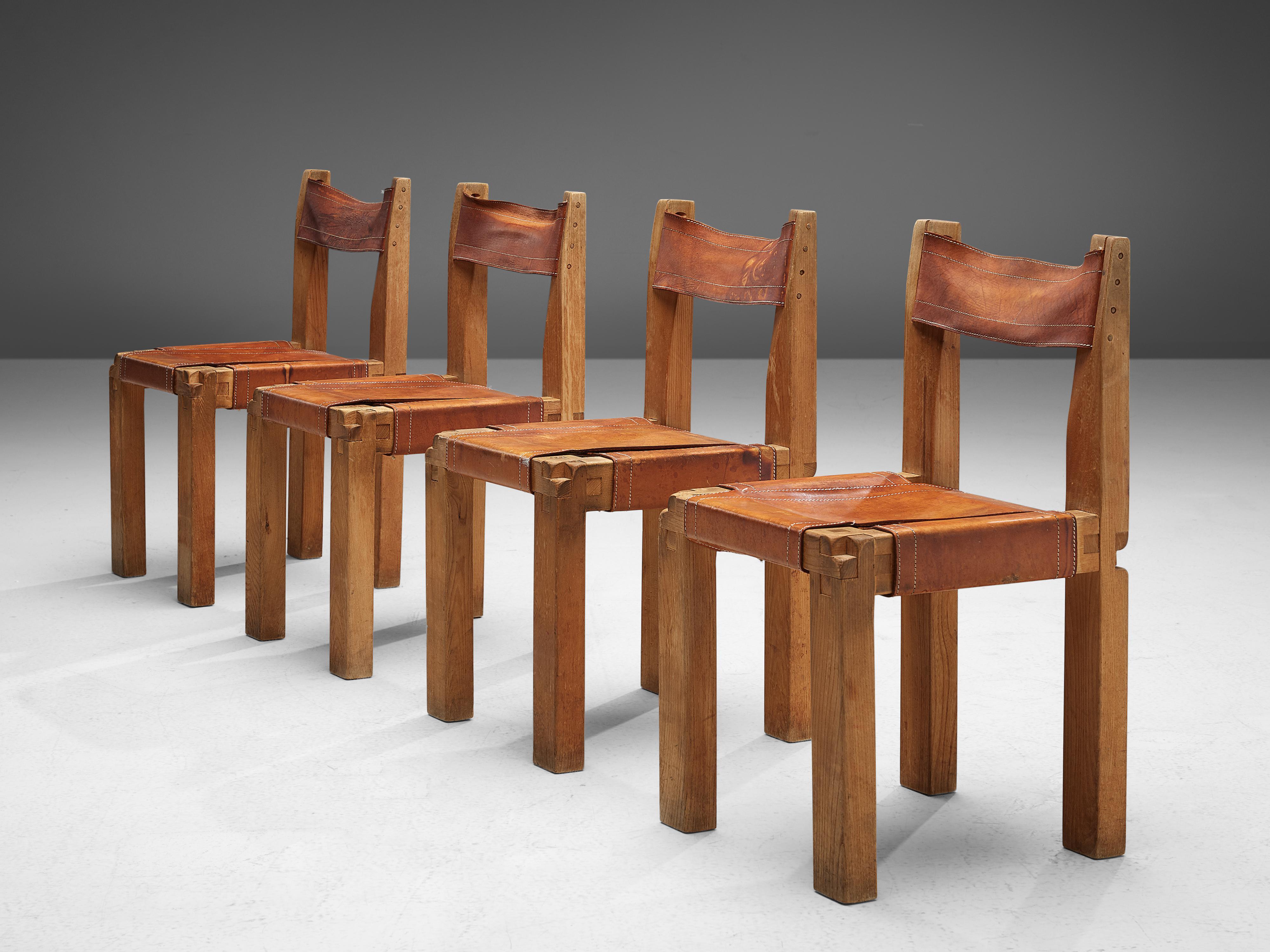 Mid-20th Century Pierre Chapo Set of 4 Dining Chairs Model 'S11' in Patinated Cognac Leather