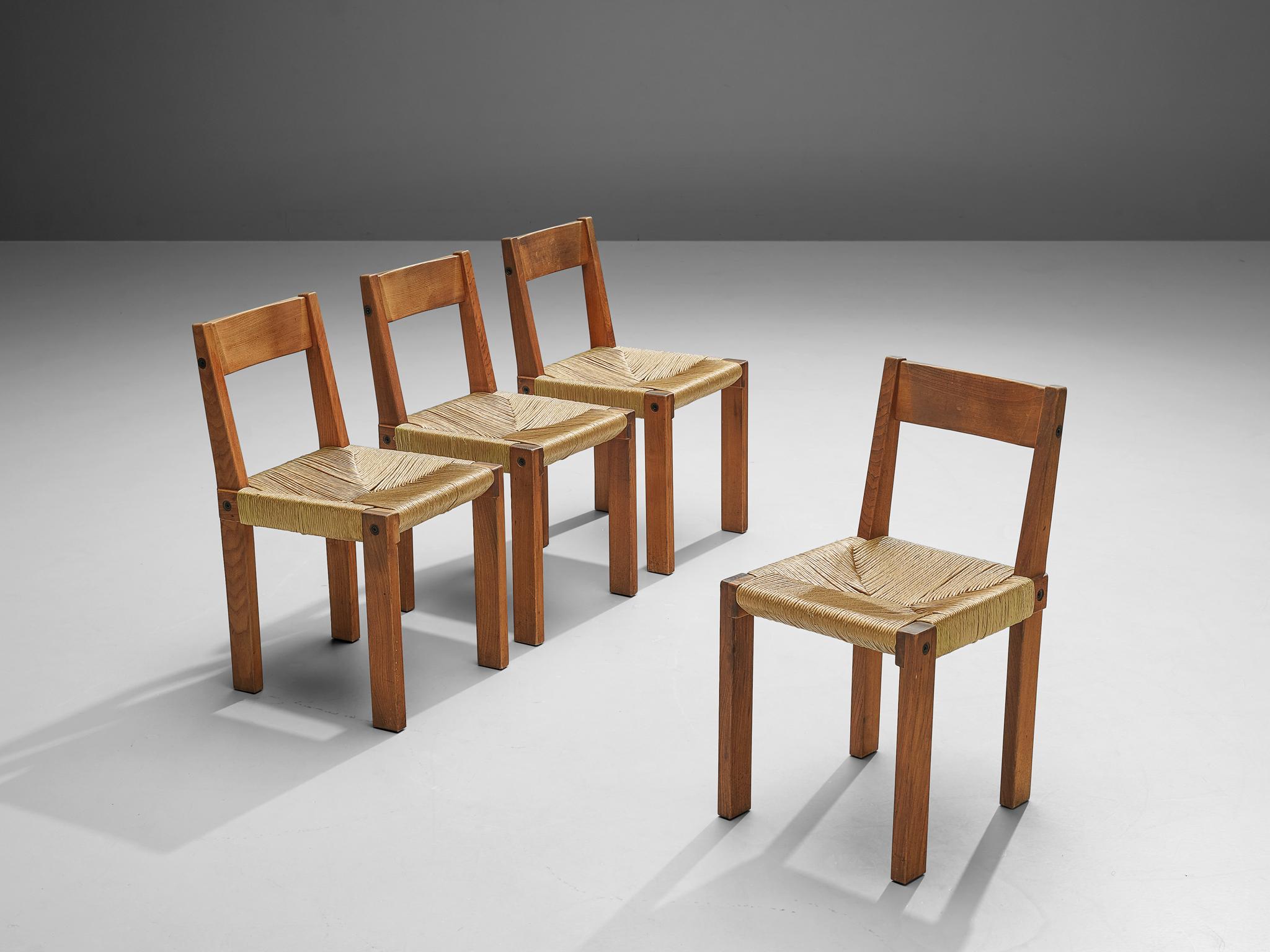 Pierre Chapo, dining chairs model 'S24', elm, woven rush seating, France, circa 1966

A set of 4 chairs in solid elmwood with woven rush seating and back. Designed by French designer Pierre Chapo in Paris. These chairs have a cubic design of solid