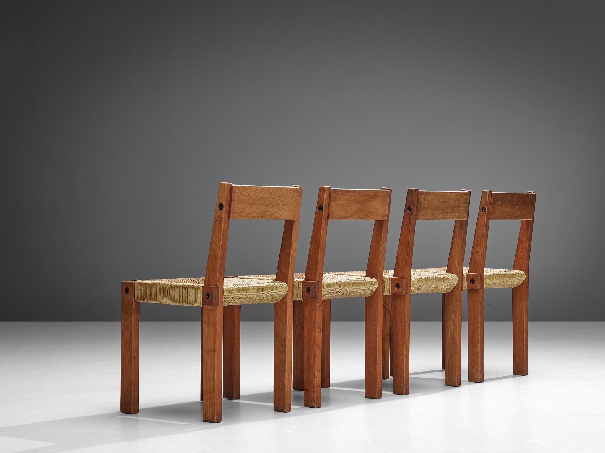 Mid-20th Century Pierre Chapo Set of 4 Dining Chairs Model 'S24' Elm and Rush