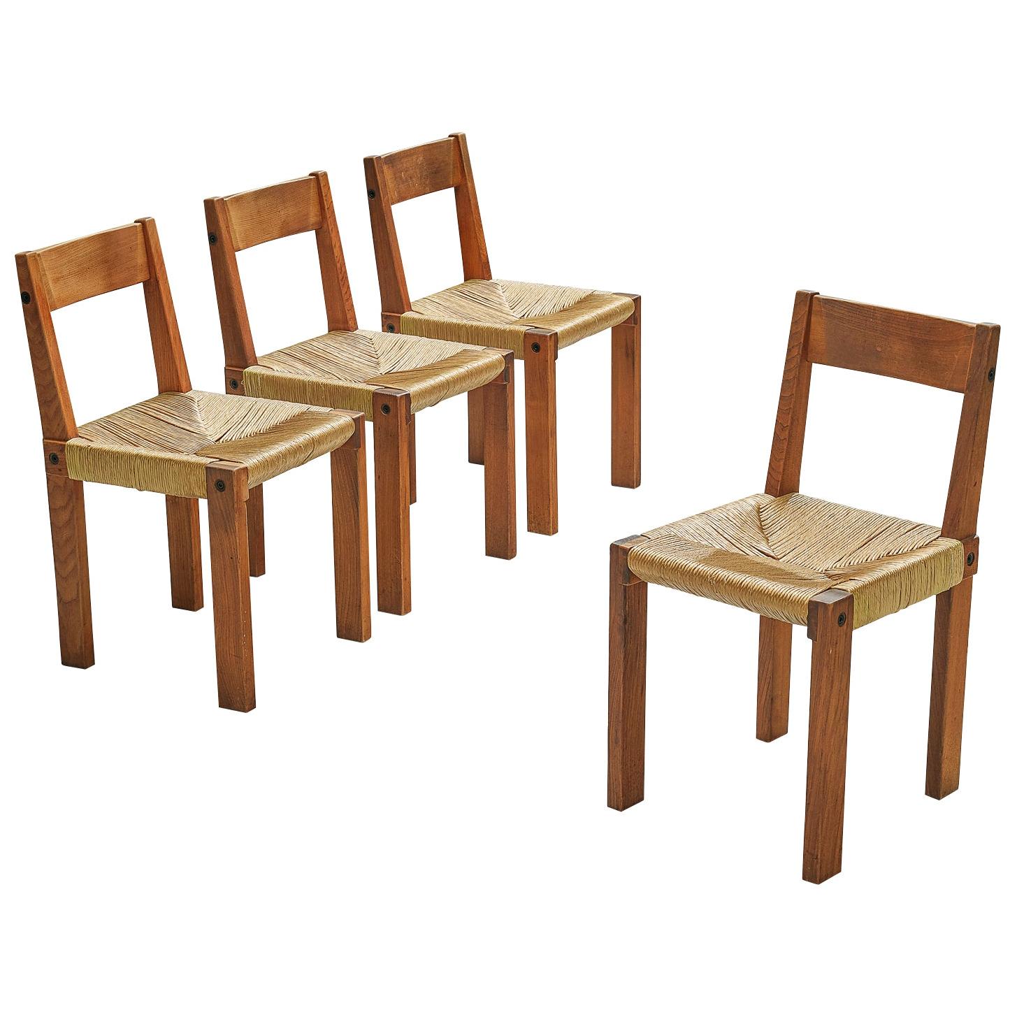 Pierre Chapo Set of 4 Dining Chairs Model 'S24' Elm and Rush