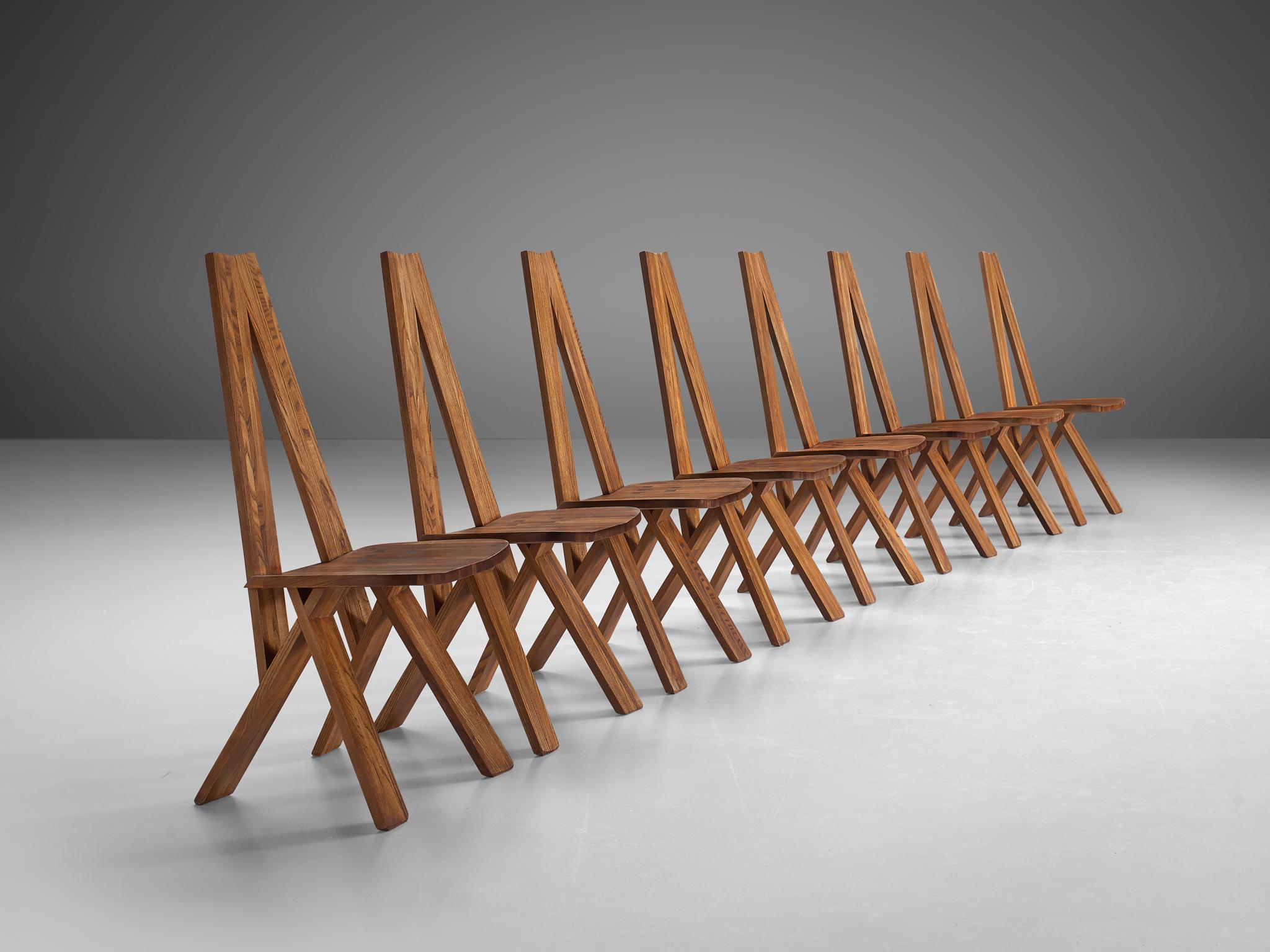 Pierre Chapo, 'Chlacc' chairs S45, elm, France, circa 1979

These 'Chlacc' dining chairs, model S45, is executed in solid elmwood, designed by Pierre Chapo. These extraordinary chairs are in excellent condition, showing an admirable patina. Due to