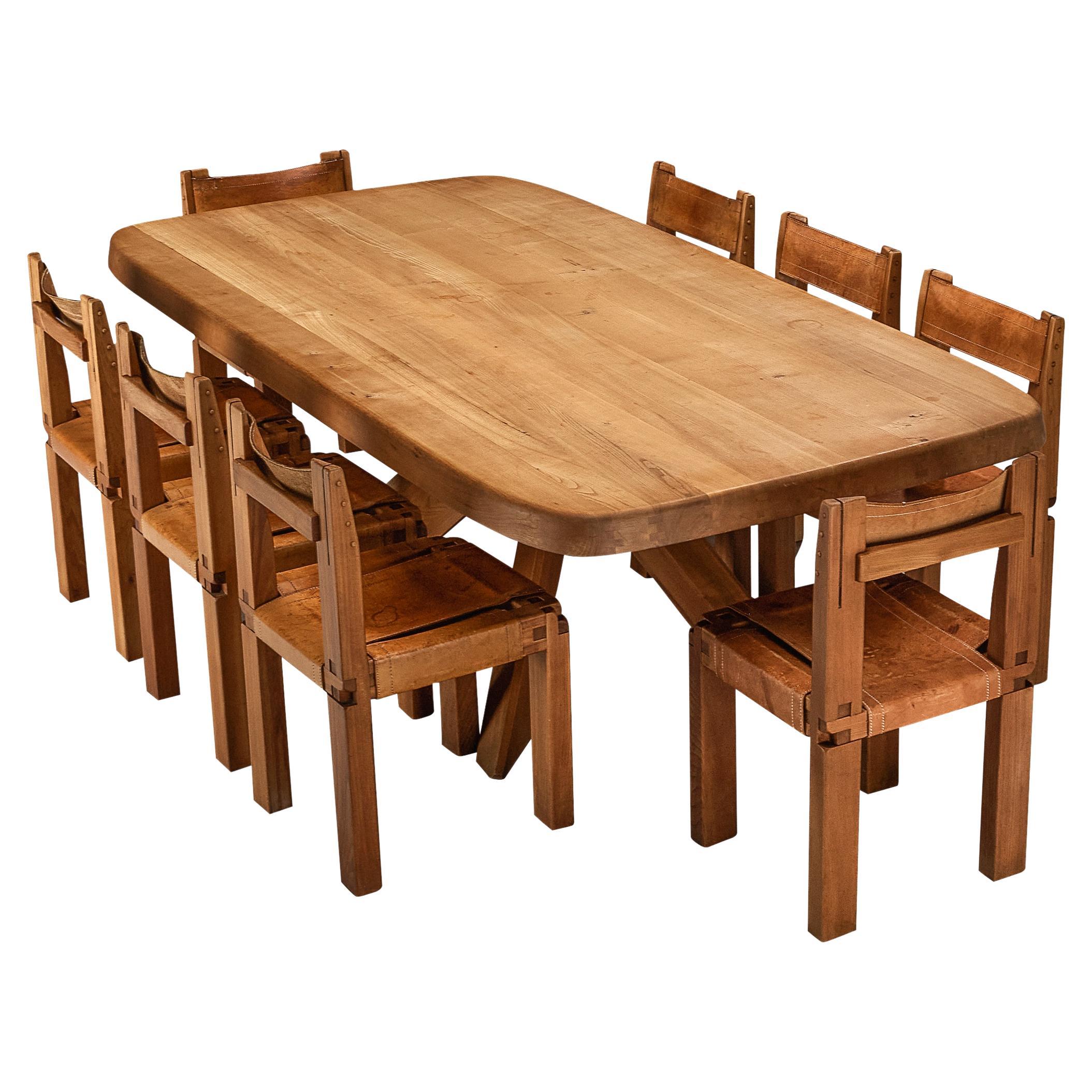 Pierre Chapo Set of Eight 'S11' Chairs and 'Aban' Dining Table in Solid
