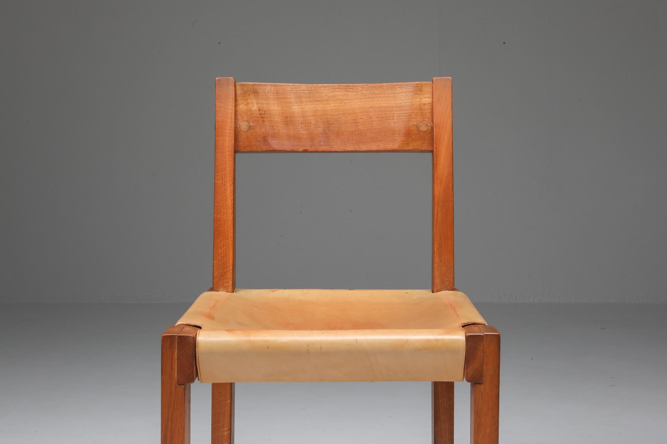 Pierre Chapo Set of Eight 'S24' Chairs in Solid Elm and Natural Leather 11